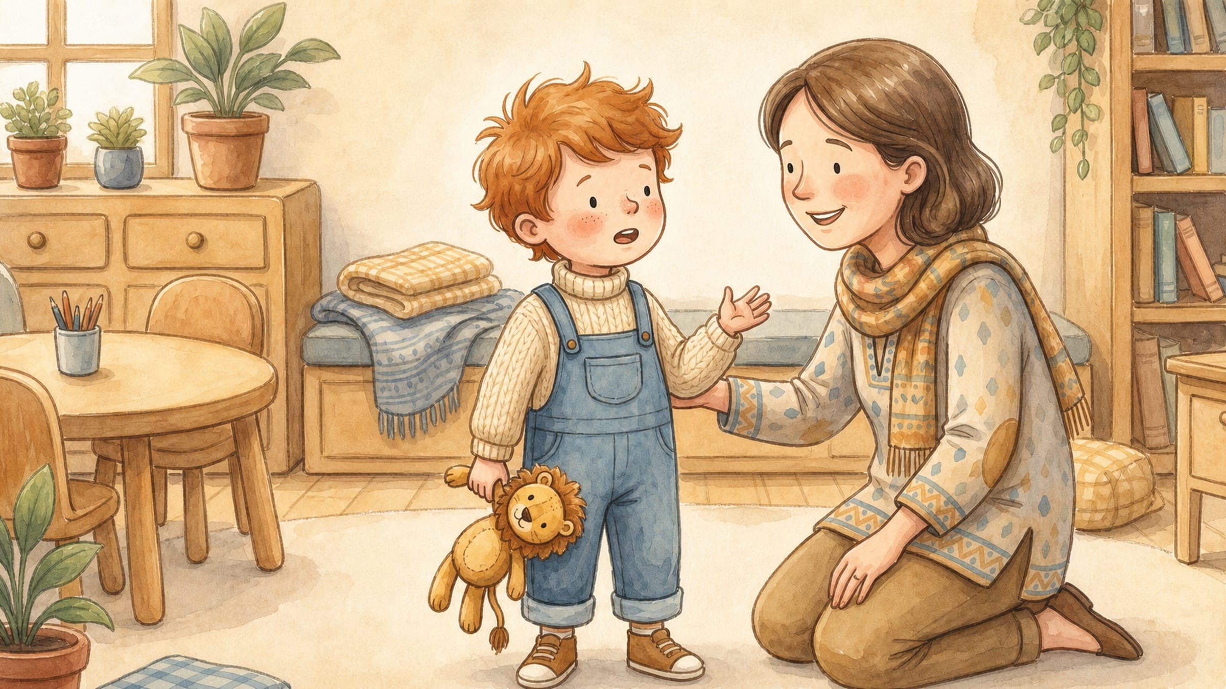 A brave boy talking to a kind trusted teacher who kneels to listen, holding a stuffed lion, in a gentle storybook illustration
