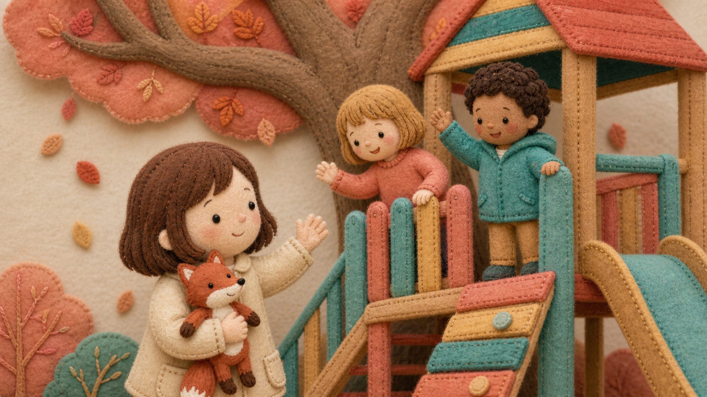 A girl being warmly invited to join a playground game by friendly kids, holding a stuffed fox, in a warm storybook illustration