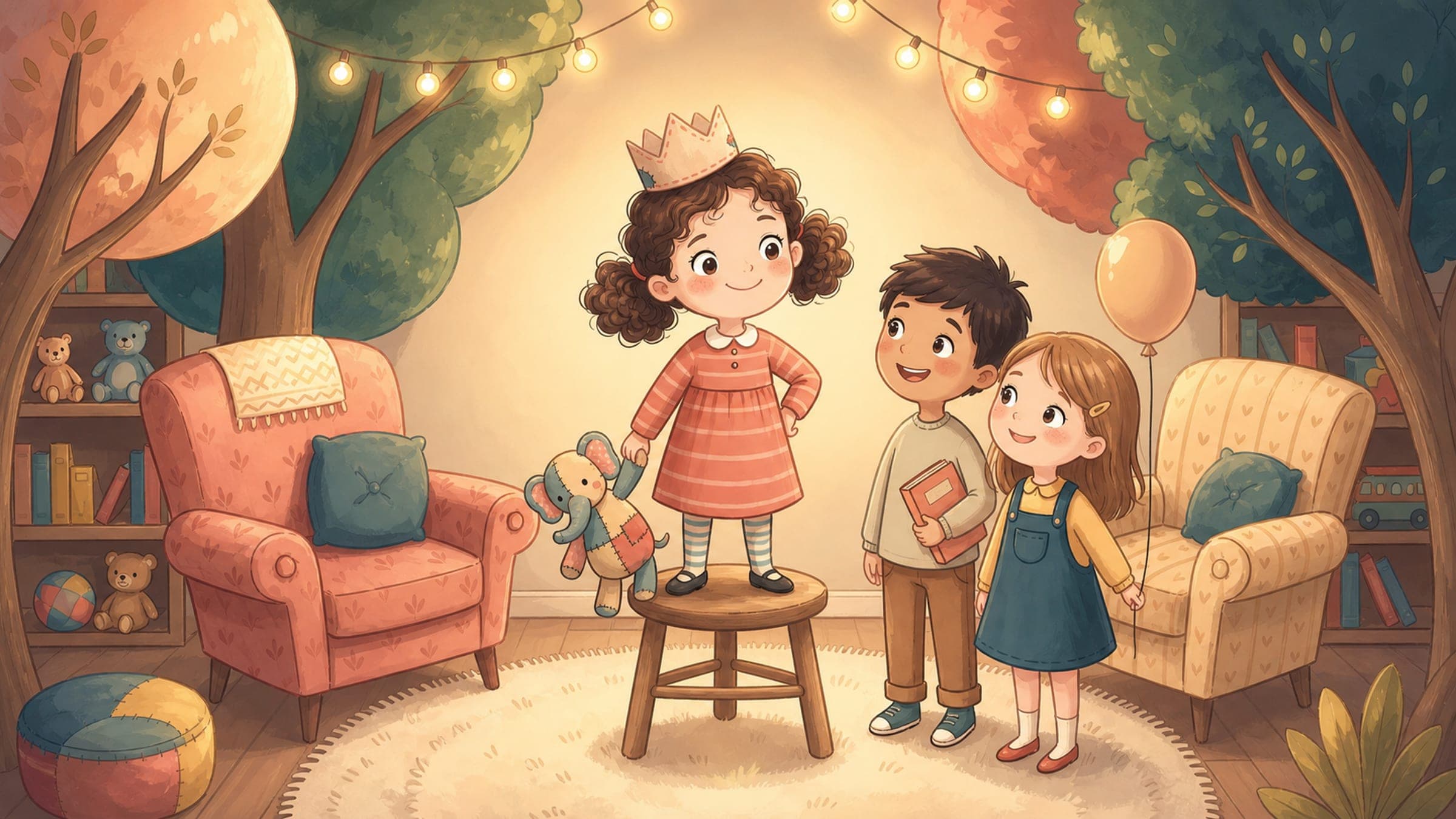A cheerful smaller girl standing proud and confident among taller friends with a stuffed elephant, in a warm storybook illustration