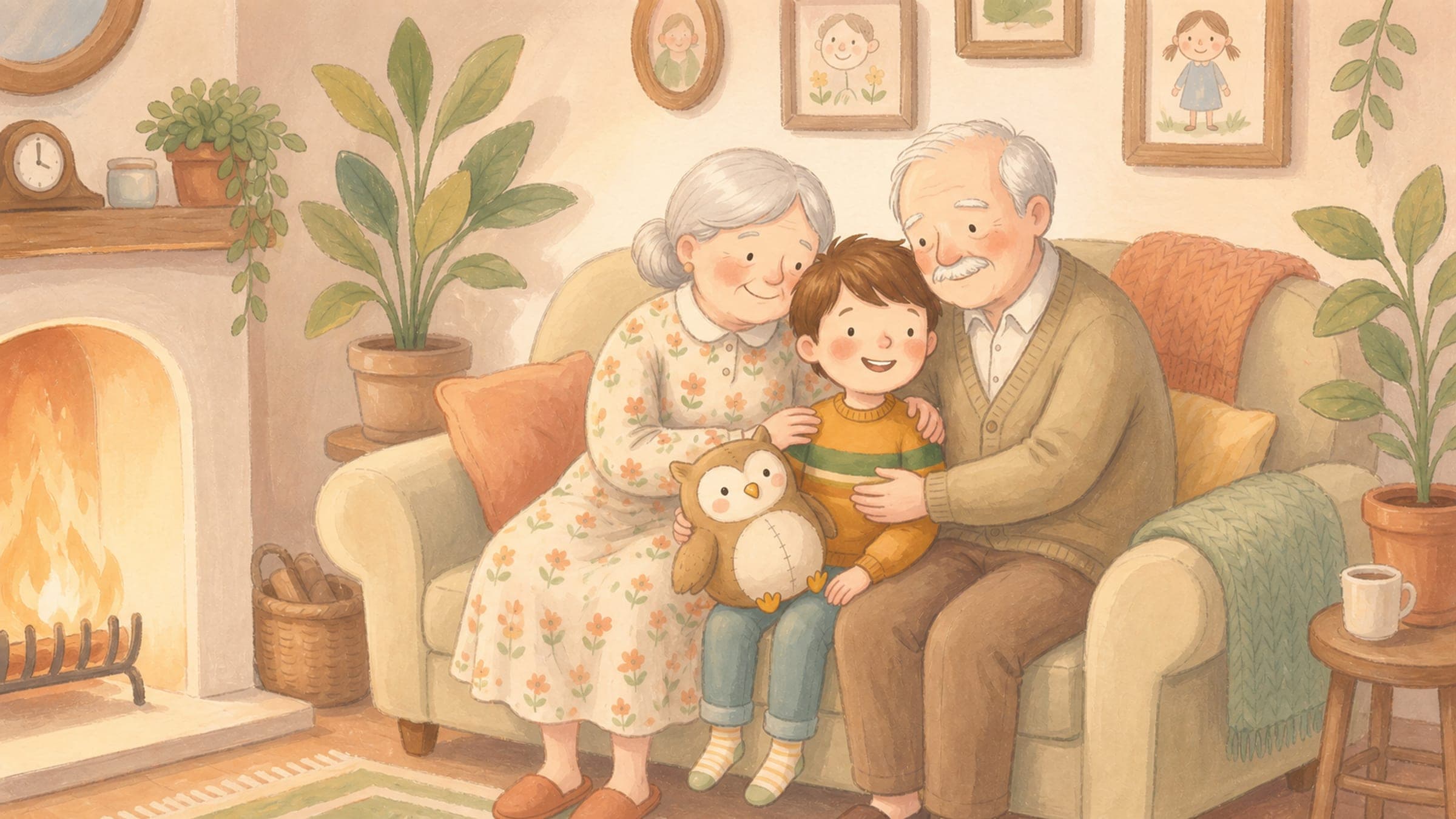 A happy boy snuggling with his loving grandparents who are raising him, with a stuffed owl, in a warm storybook illustration