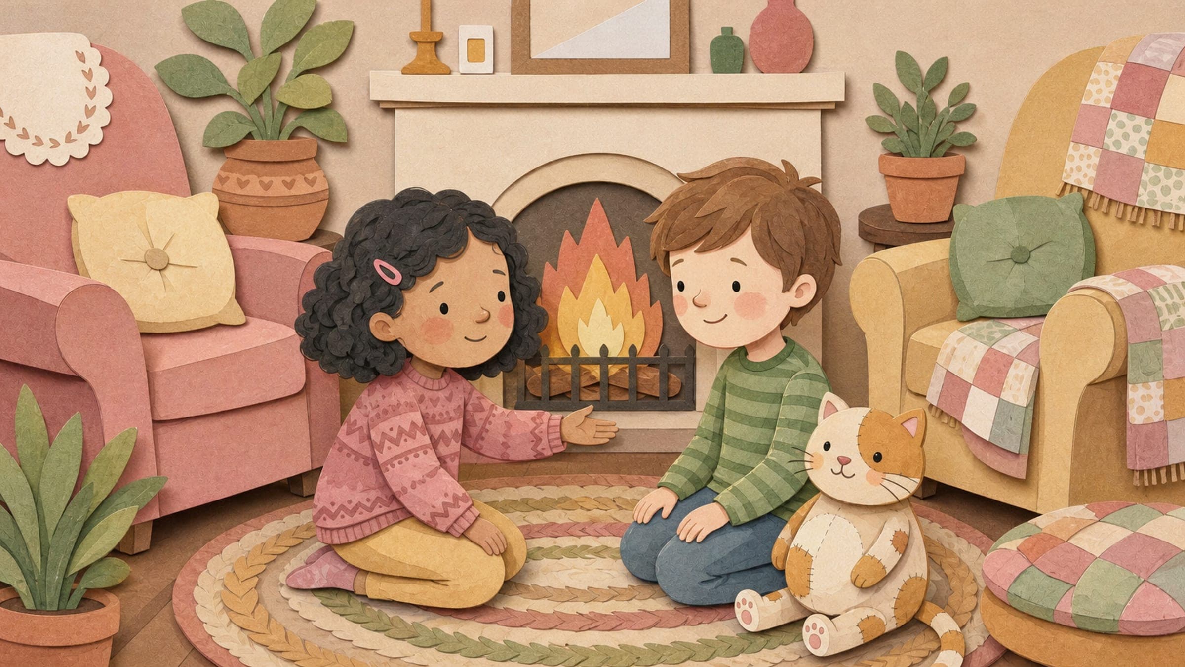 A girl sincerely apologizing to another child who softens and smiles, with a stuffed cat, in a warm storybook illustration