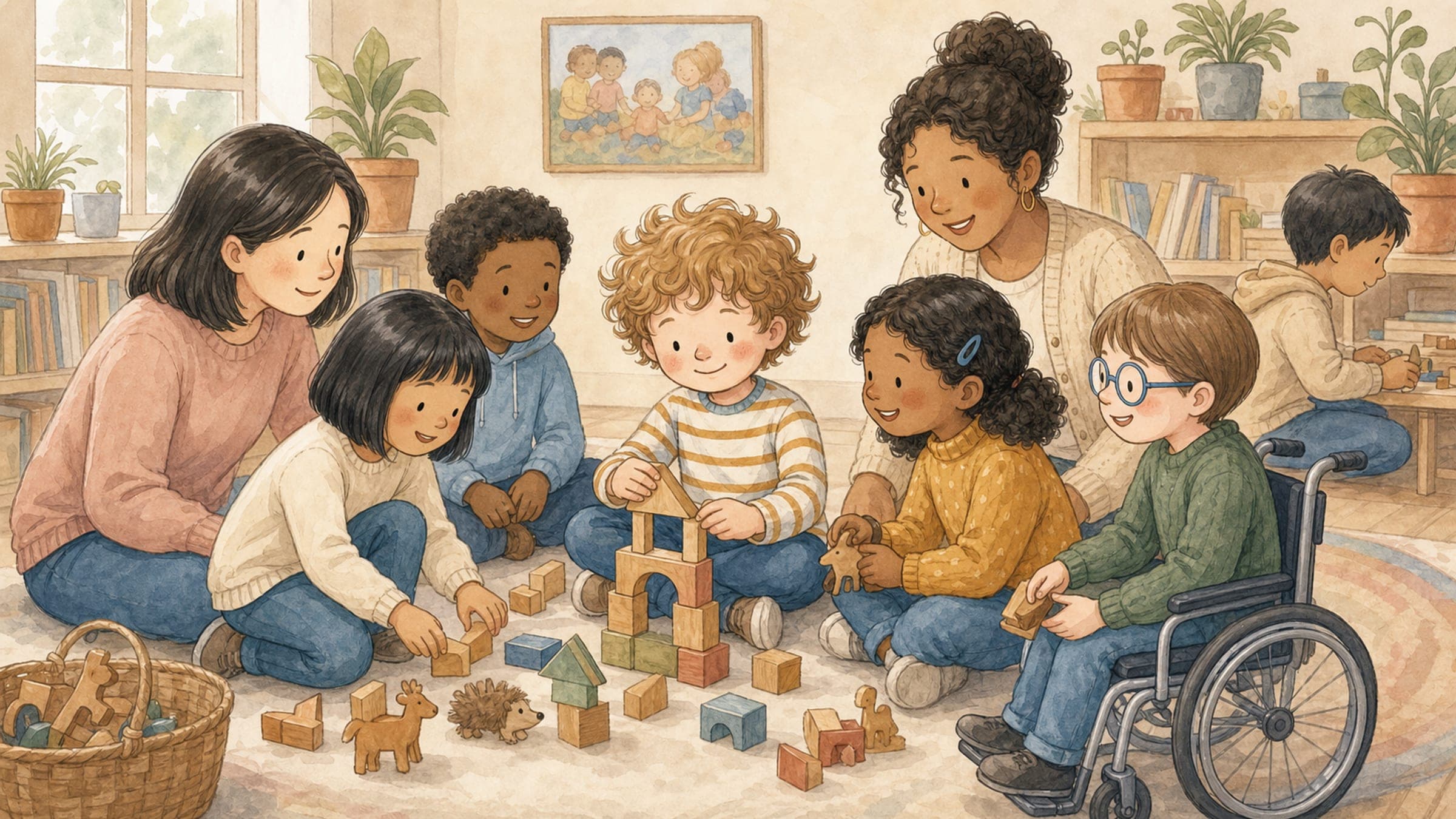A proud confident boy who looks different standing tall and included among diverse smiling classmates, with a stuffed owl, in a warm storybook illustration