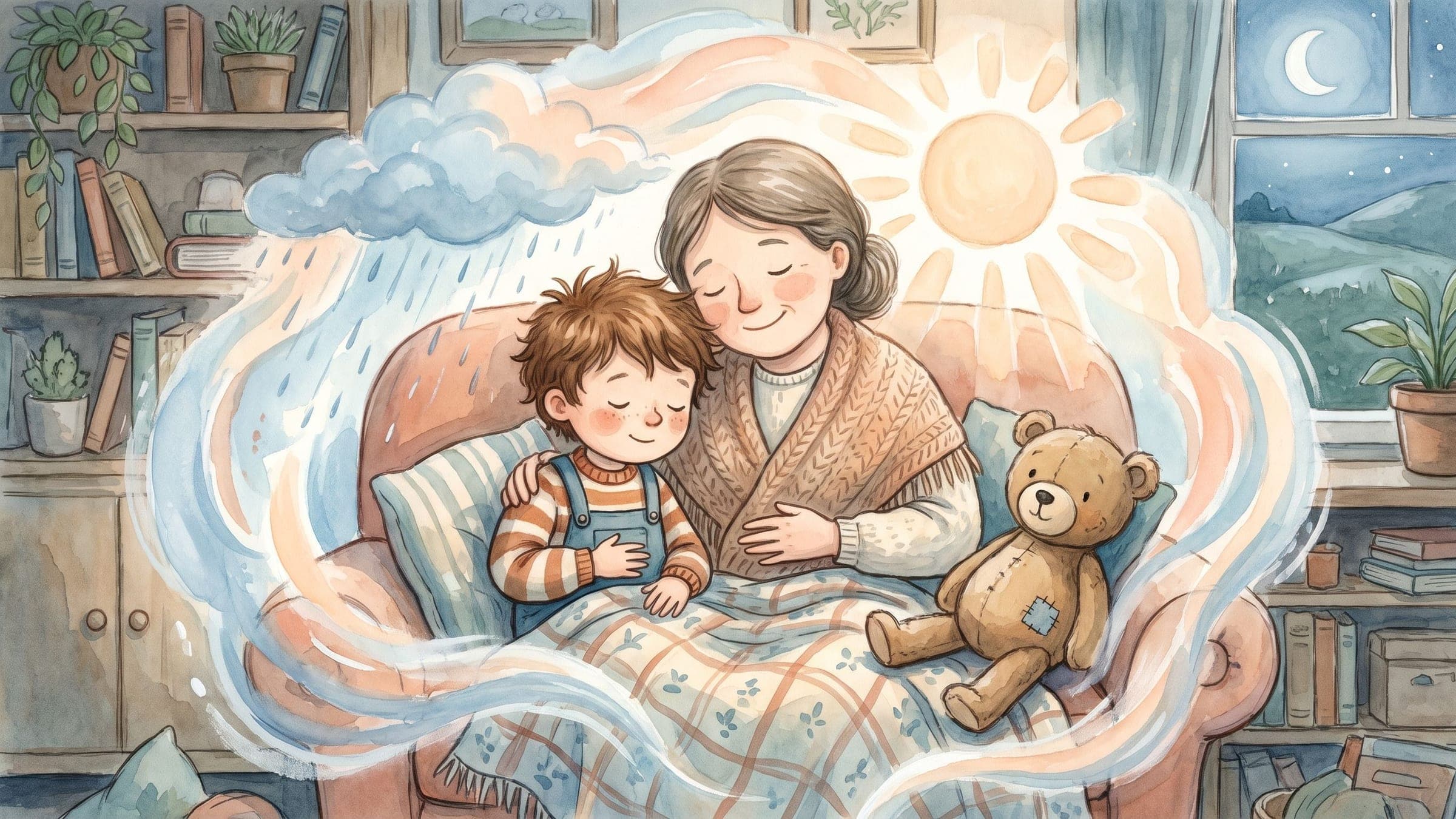 A boy with big feelings taking a calming belly breath with a loving parent and a stuffed bear, in a warm storybook illustration