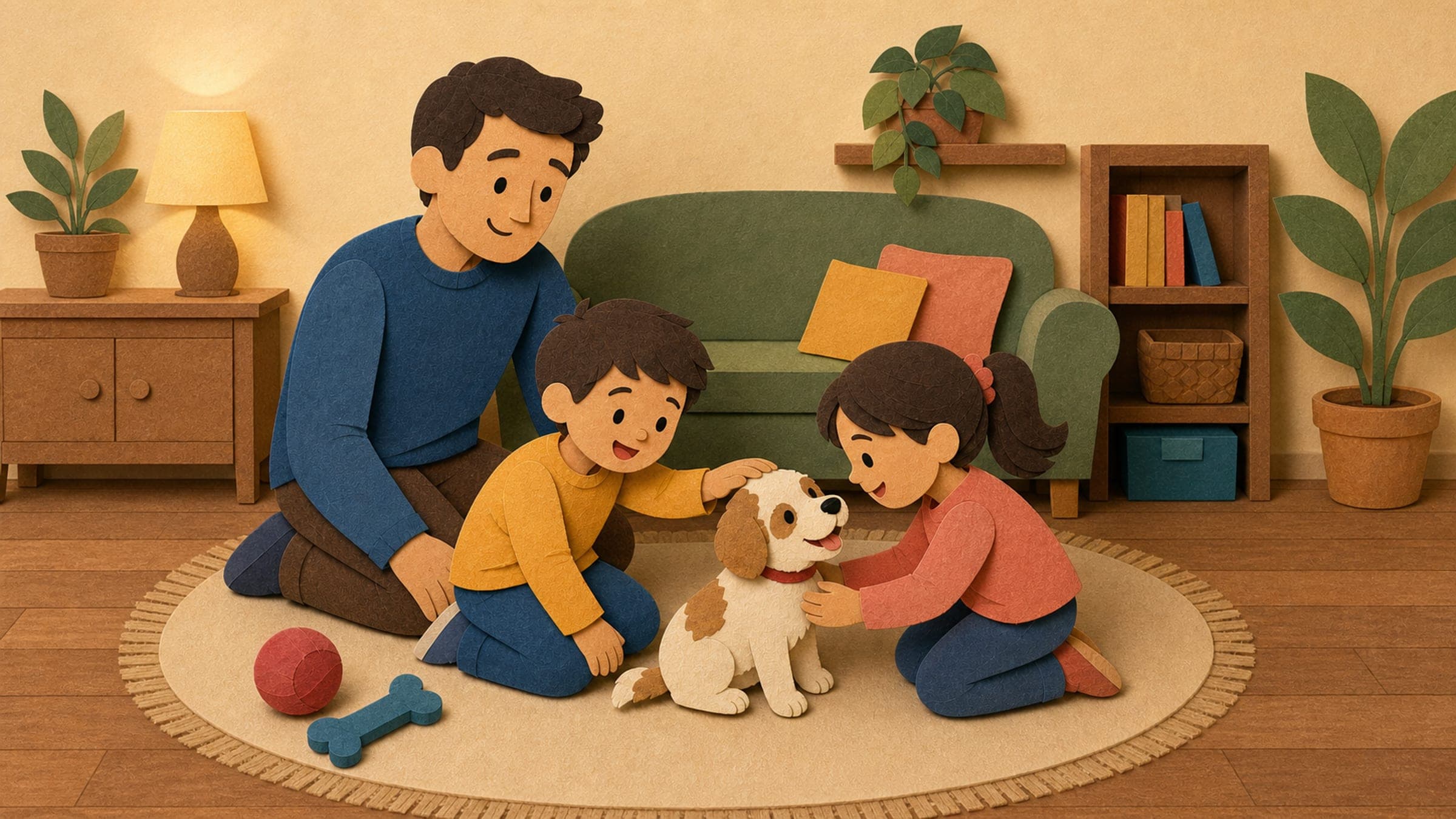 A father closely supervises two children using gentle hands to welcome a small puppy on a living-room rug