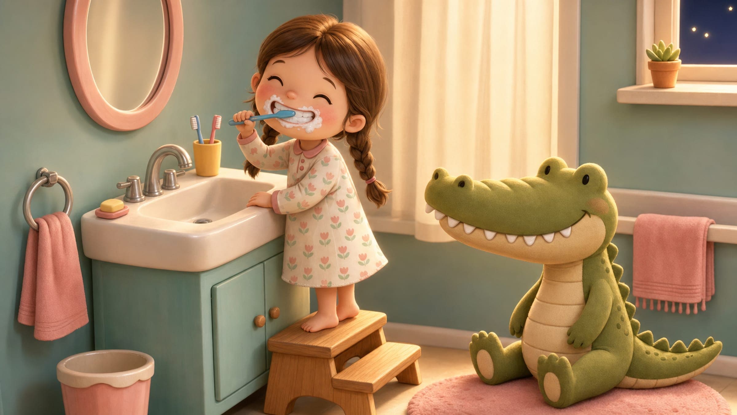 A happy girl brushing her teeth at the sink with a foamy smile and a friendly stuffed crocodile, in a warm storybook illustration