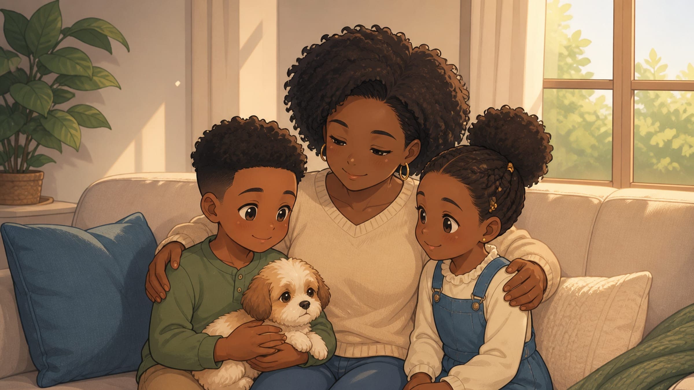 A Black mother and two children sit together in a calm living room; one child holds a small dog