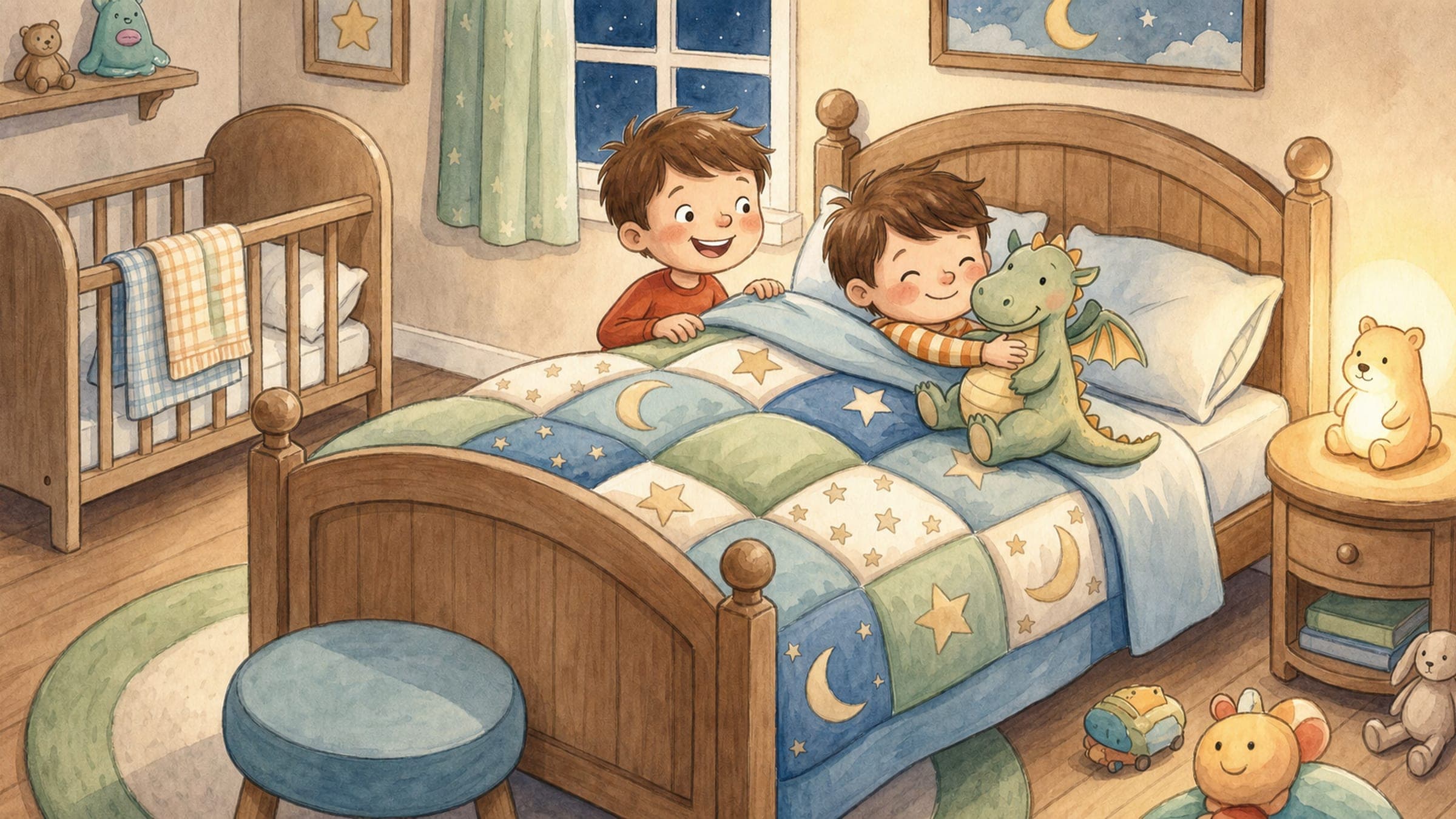 A proud toddler climbing into a new big-kid bed with a stuffed dragon and the old crib nearby, in a warm storybook illustration