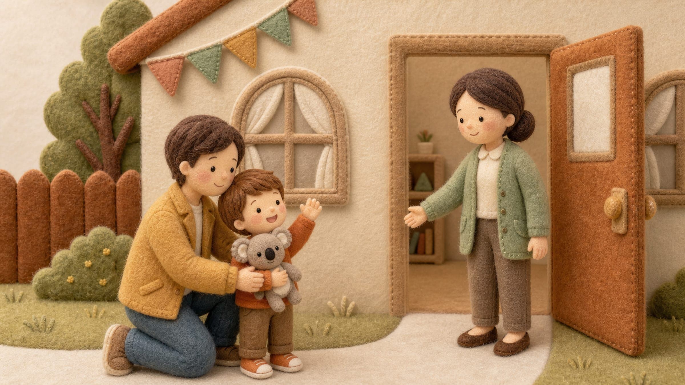 A boy sharing a loving goodbye ritual with his parent at daycare drop-off with a kind caregiver and a stuffed koala, in a warm storybook illustration