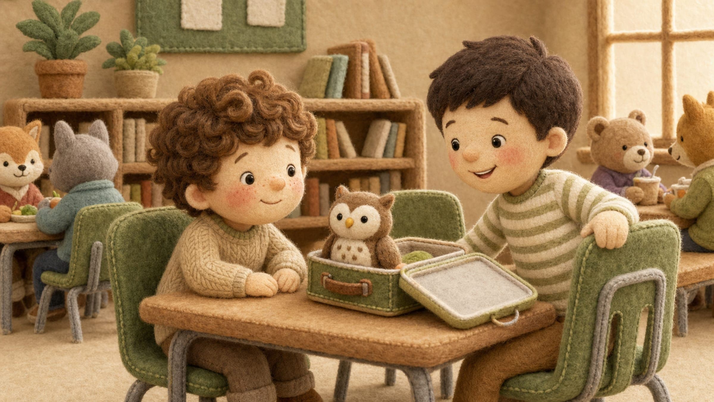 A boy at a lunch table brightening as a friendly classmate sits beside him, a stuffed owl in his lunchbox, in a warm storybook illustration