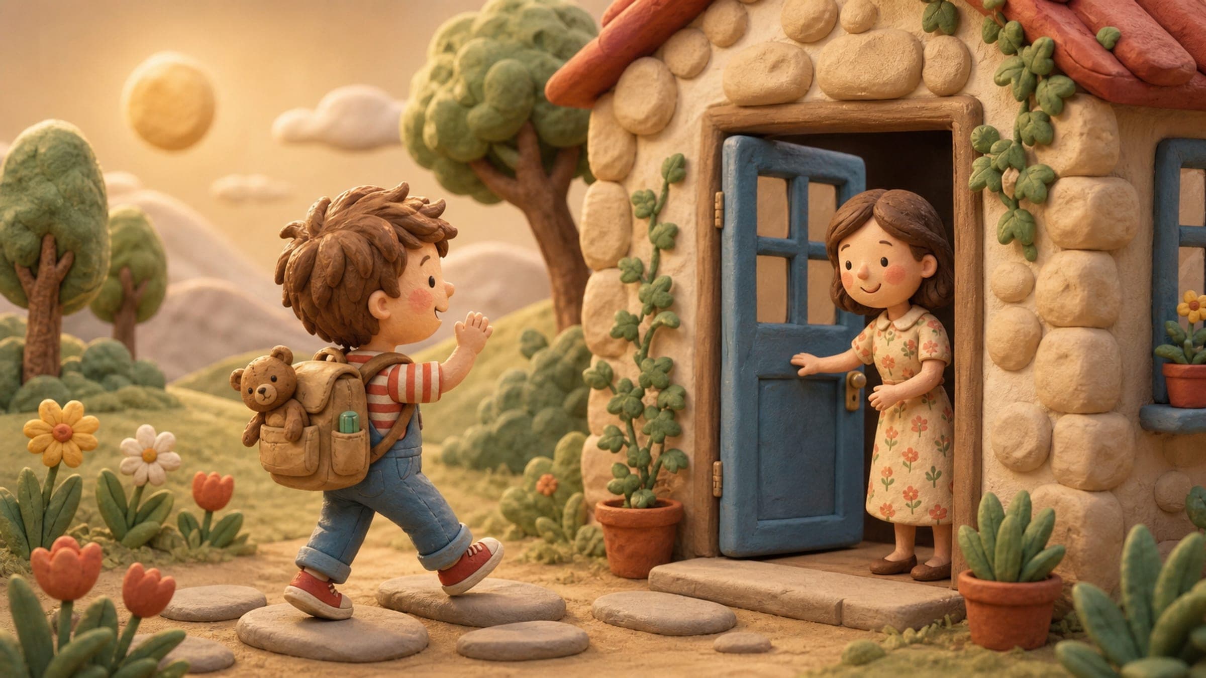 A brave boy with a backpack starting his first day of school as a kind teacher welcomes him, a stuffed bear peeking out, in a warm storybook illustration