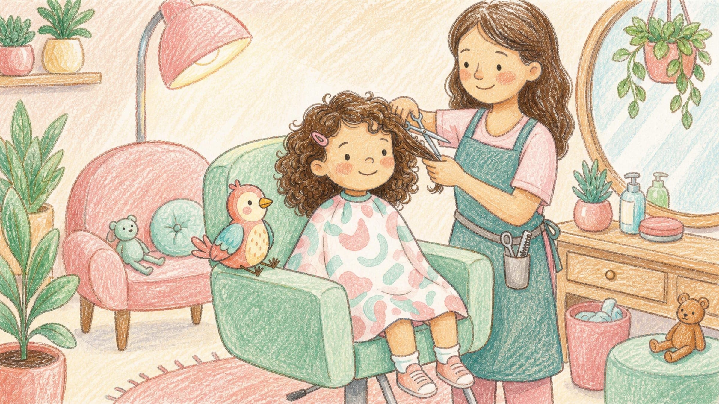A calm happy girl getting her first haircut from a kind stylist with a stuffed bird, in a warm storybook illustration