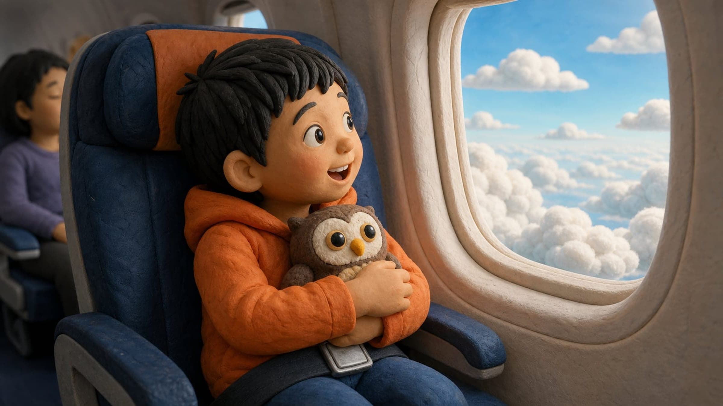 An excited boy looking out an airplane window at clouds with a stuffed owl, in a warm storybook illustration