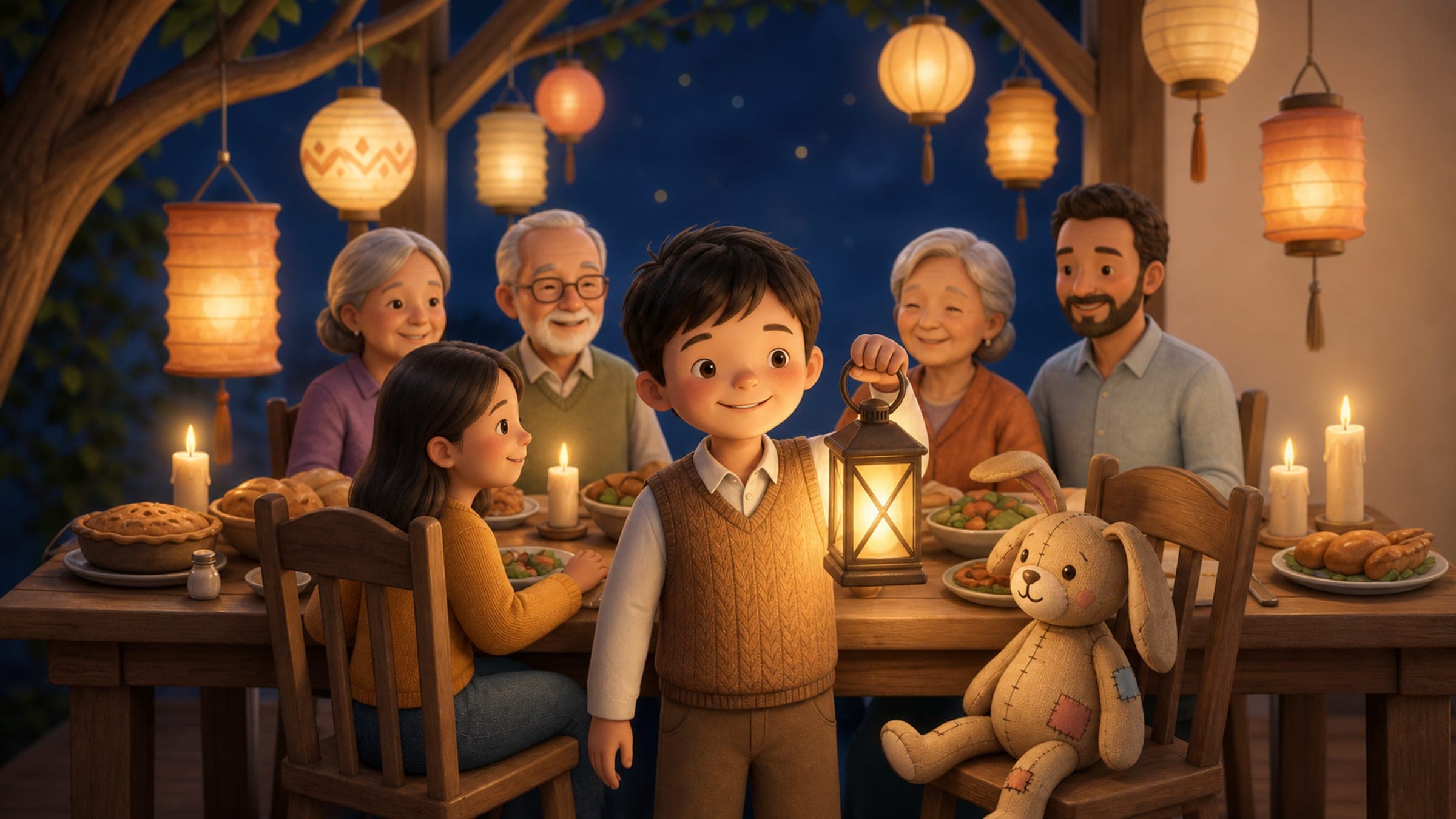 A proud boy at a warm family faith milestone with glowing lanterns and a stuffed rabbit, in a warm storybook illustration