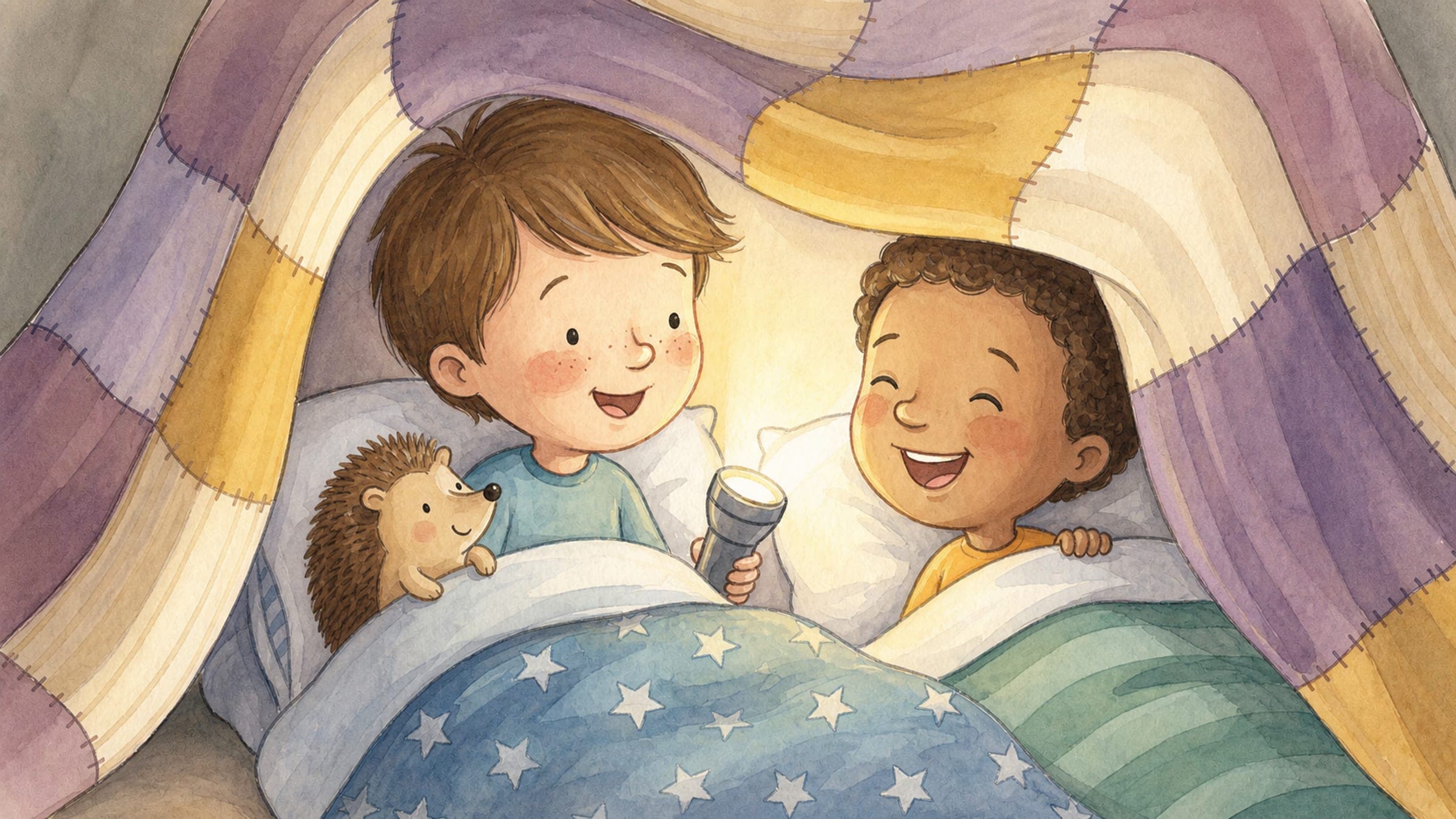 A brave boy at his first sleepover cozy in a sleeping bag with a flashlight and a stuffed hedgehog, in a warm storybook illustration