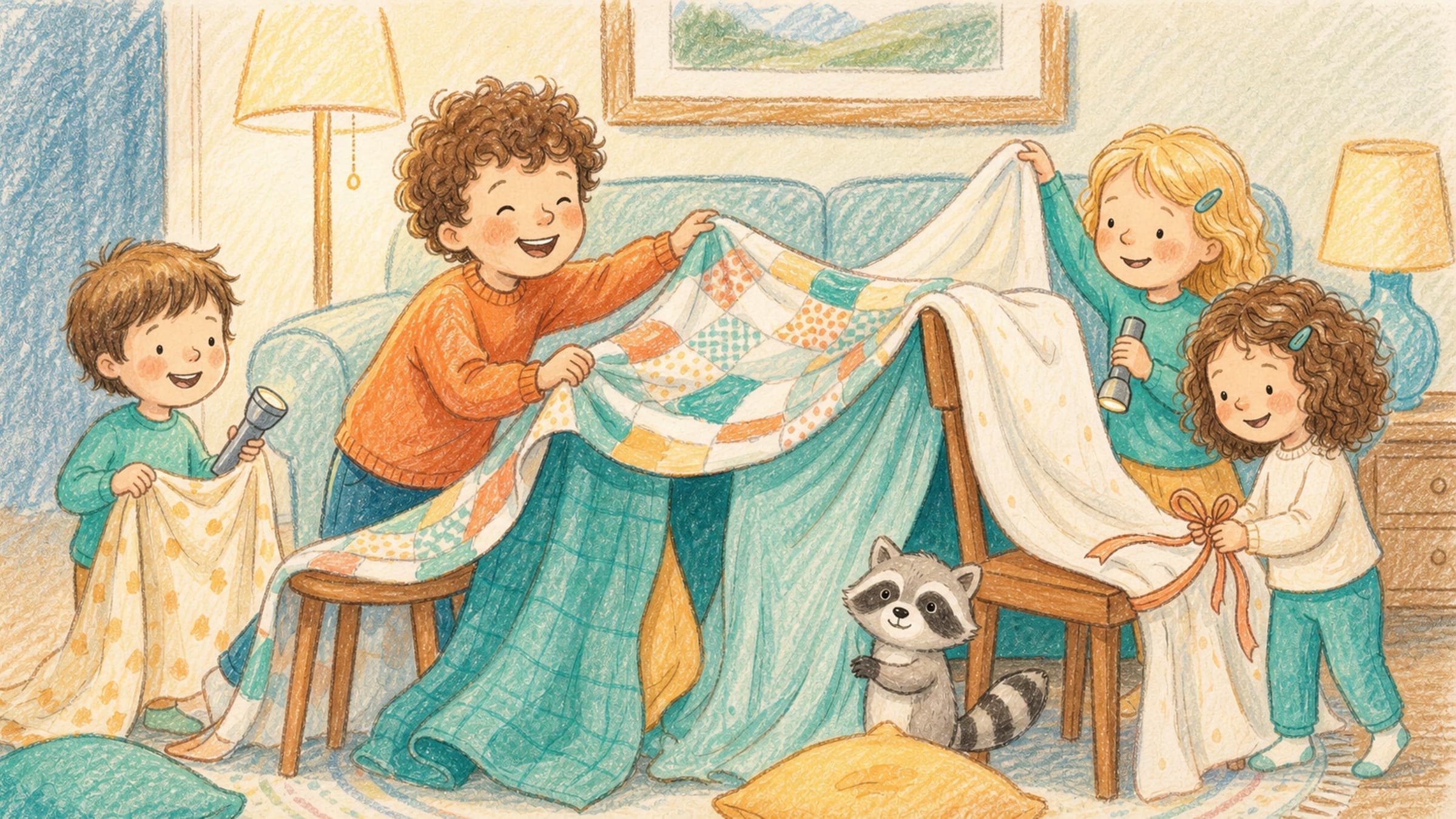 A cheerful boy building a blanket fort with new stepsiblings and a stuffed raccoon, in a warm storybook illustration