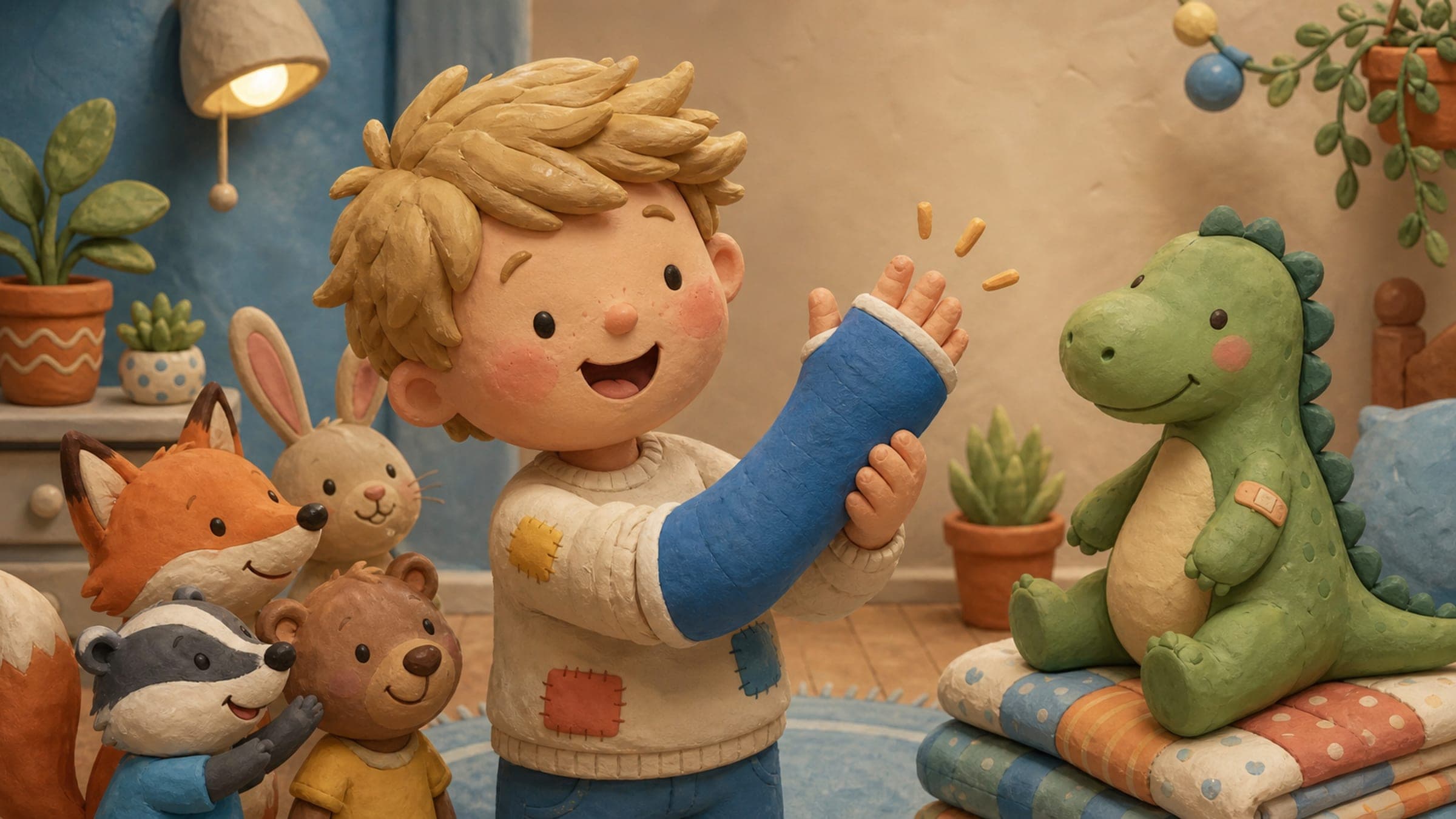 A cheerful boy showing off his signed colorful arm cast with a stuffed dinosaur, in a warm storybook illustration