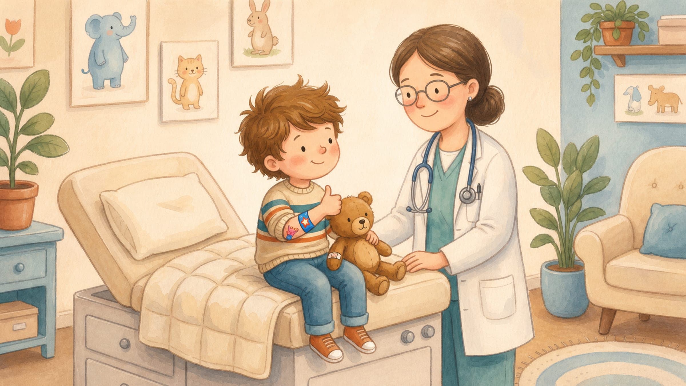 A brave boy at the doctor giving a thumbs up with a bandage on his arm and a stuffed bear, in a warm storybook illustration