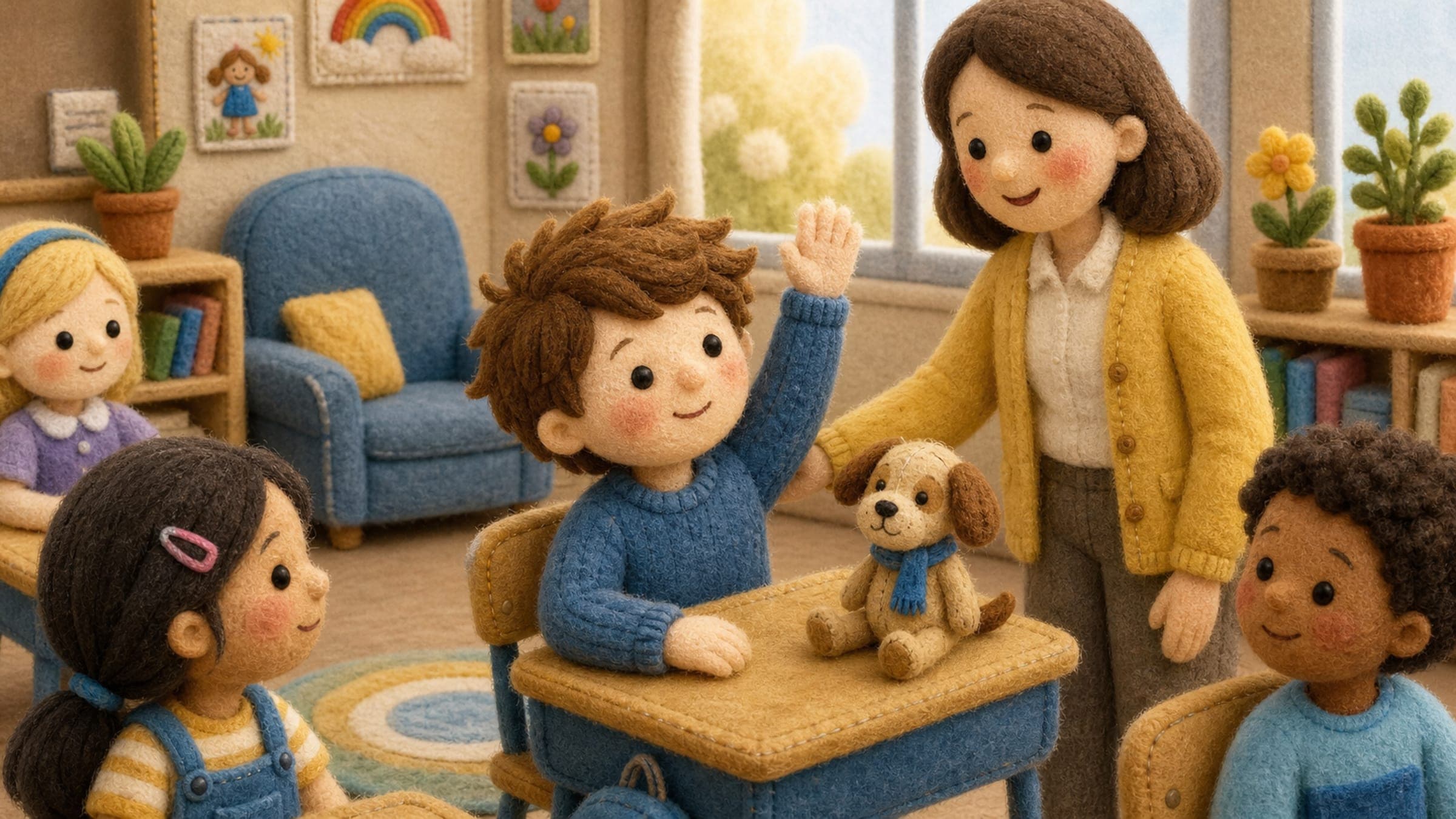 A brave boy raising his hand at his desk with a kind teacher and supportive classmates and a stuffed dog, in a warm storybook illustration