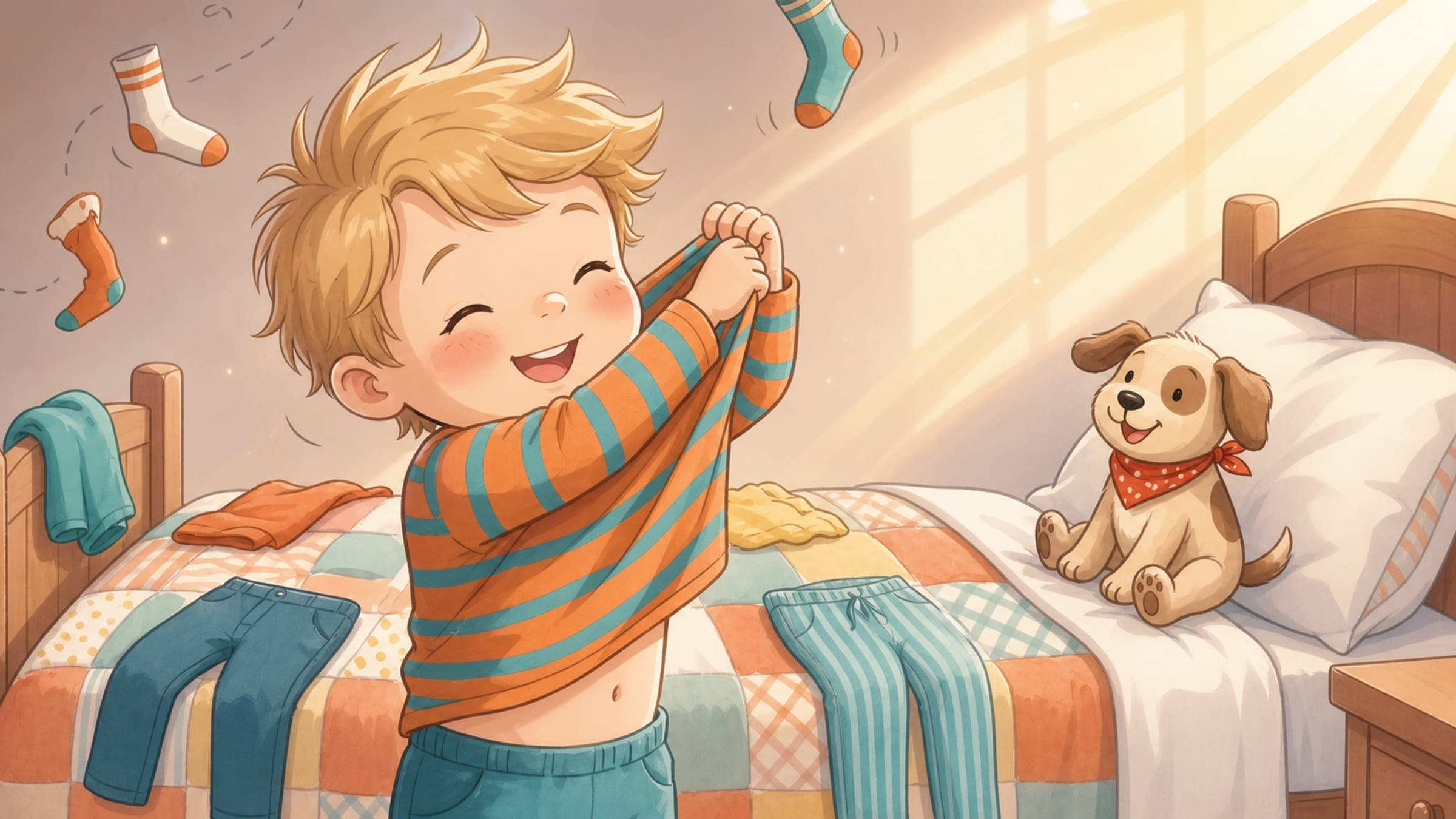 A cheerful boy pulling a shirt over his head getting dressed by himself with a stuffed puppy nearby, in a warm storybook illustration