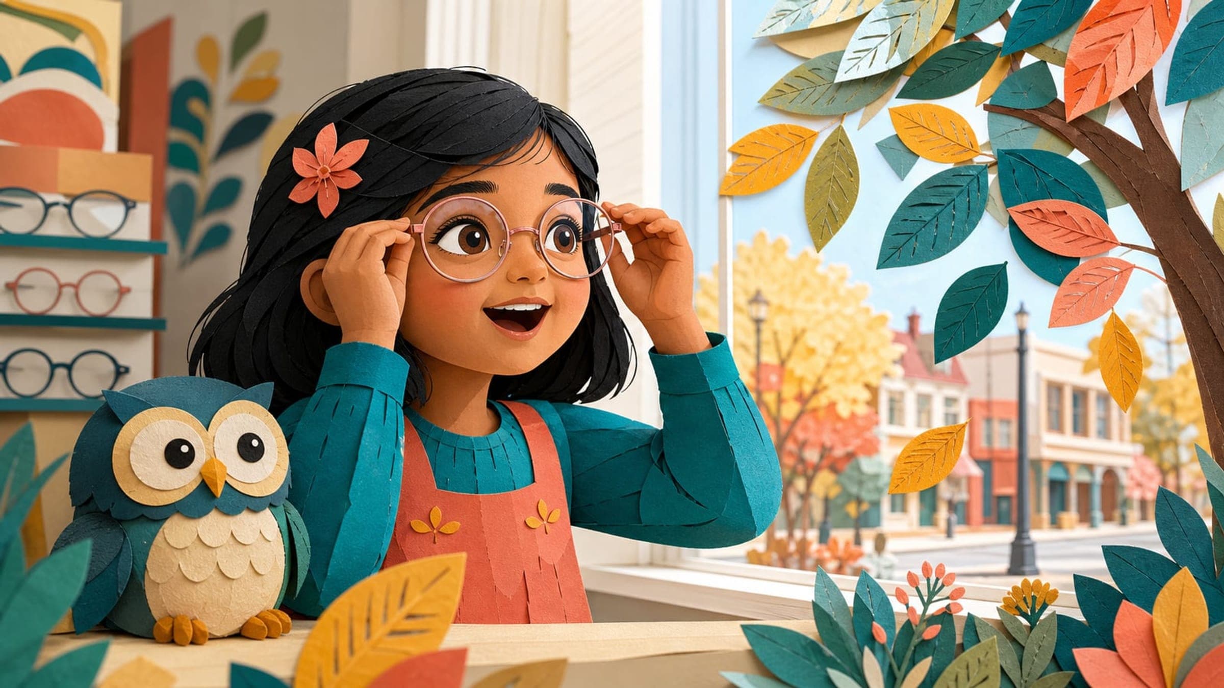 A delighted girl proudly wearing new glasses with a stuffed owl in matching glasses, in a warm storybook illustration