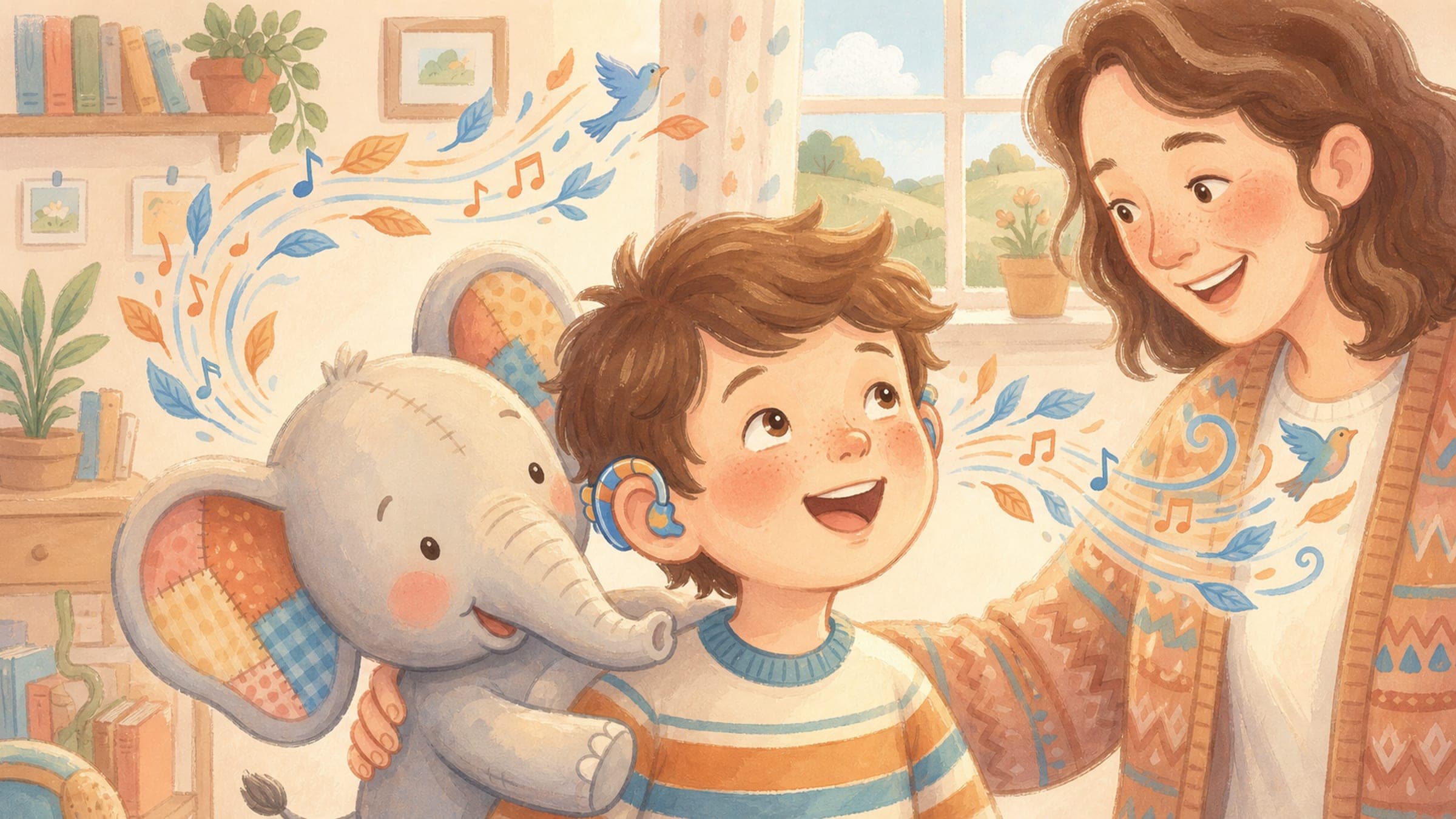 A delighted boy proudly wearing colorful hearing aids with a stuffed elephant, in a warm storybook illustration