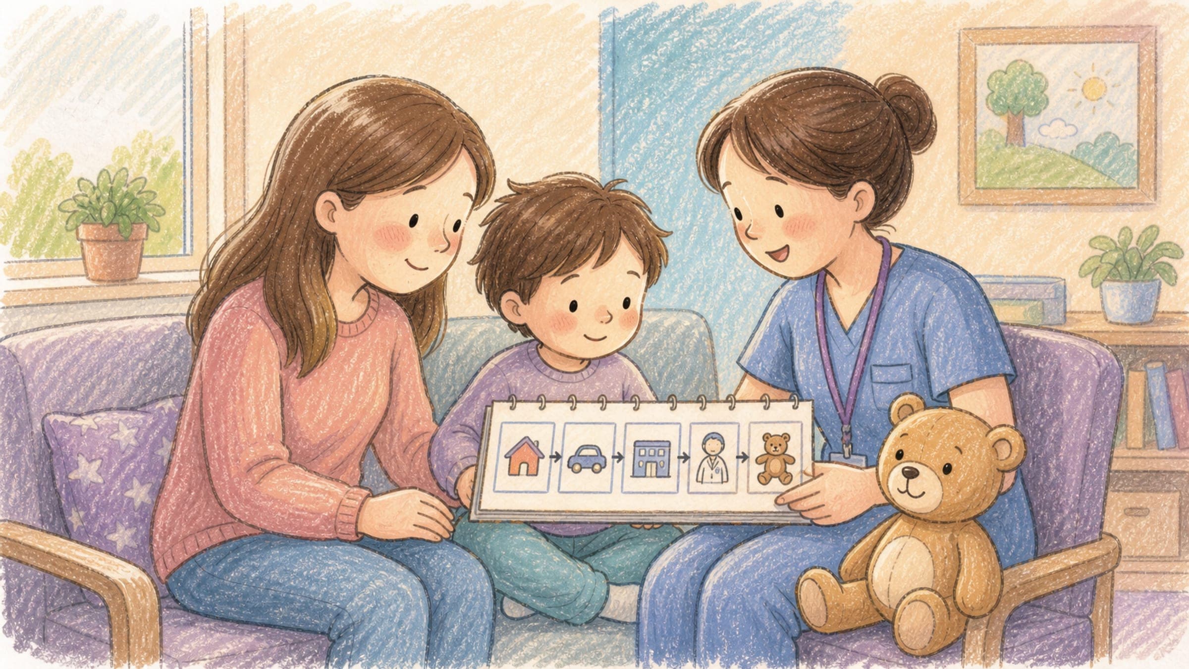 A calm girl resting cozily in a hospital bed with a popsicle and a stuffed bear, in a warm storybook illustration