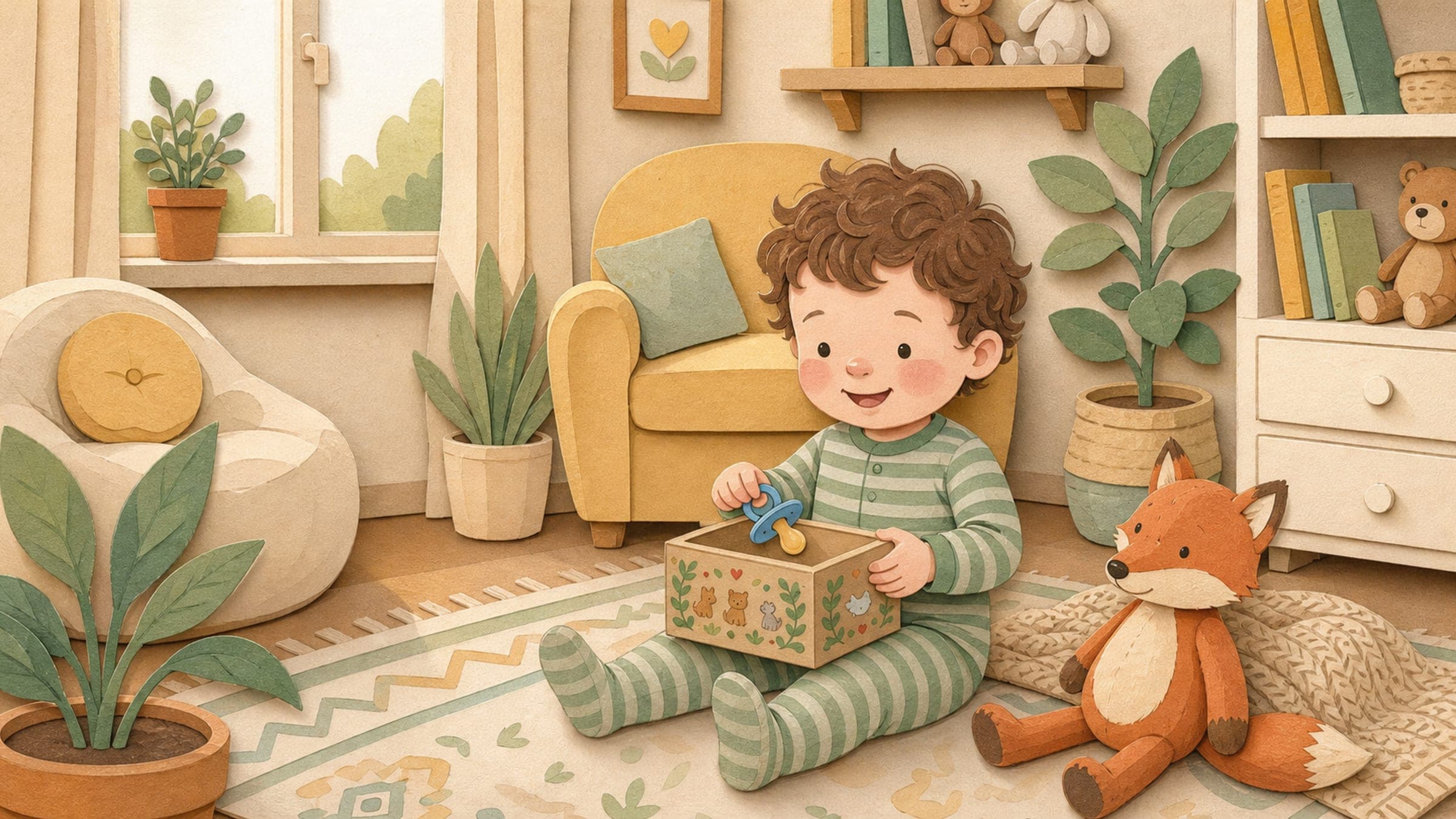 A toddler placing a pacifier into a keepsake box with a stuffed fox nearby, in a warm storybook illustration