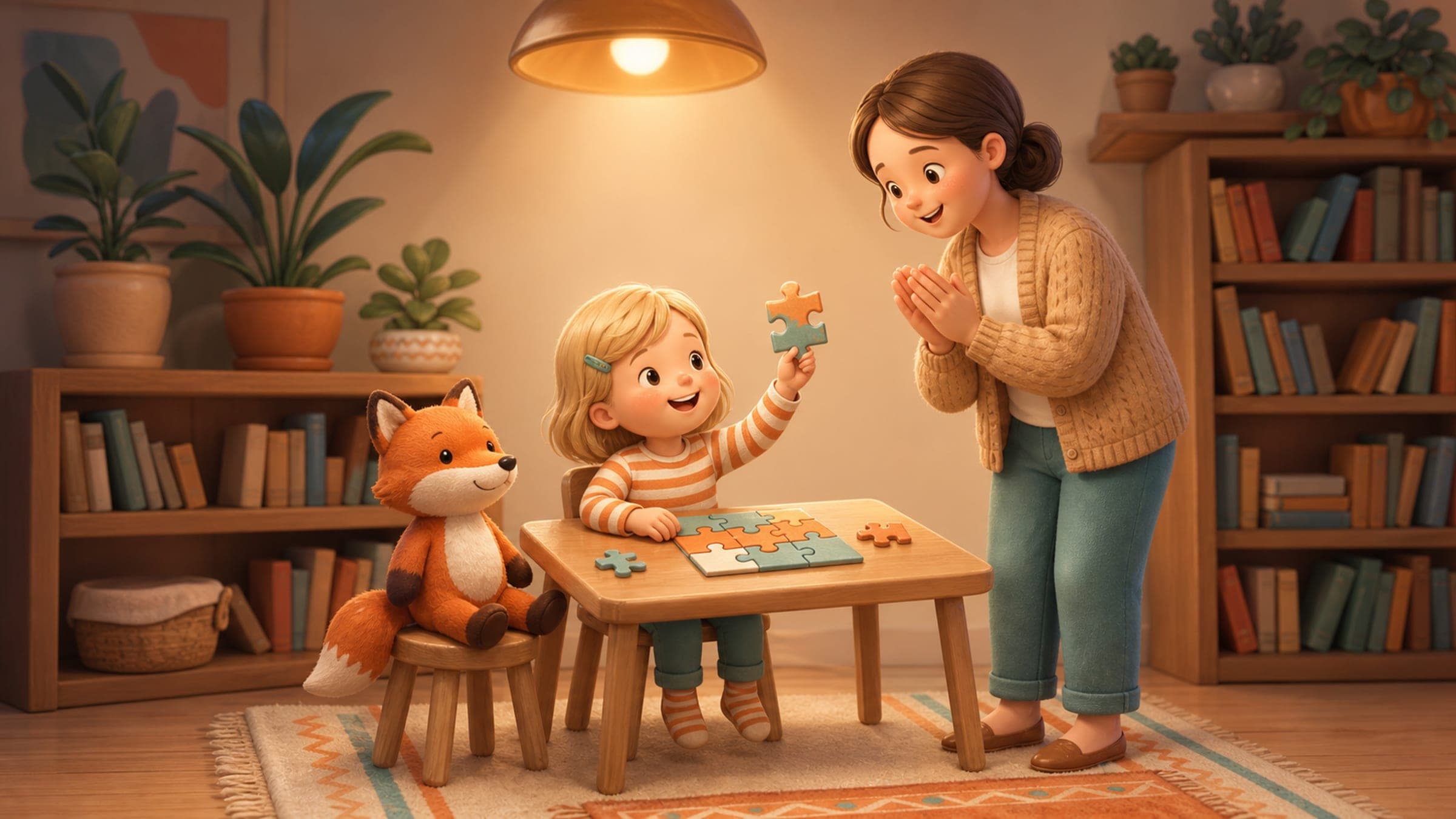 A happy girl working with a kind teacher in a cozy small learning room with a stuffed fox, in a warm storybook illustration