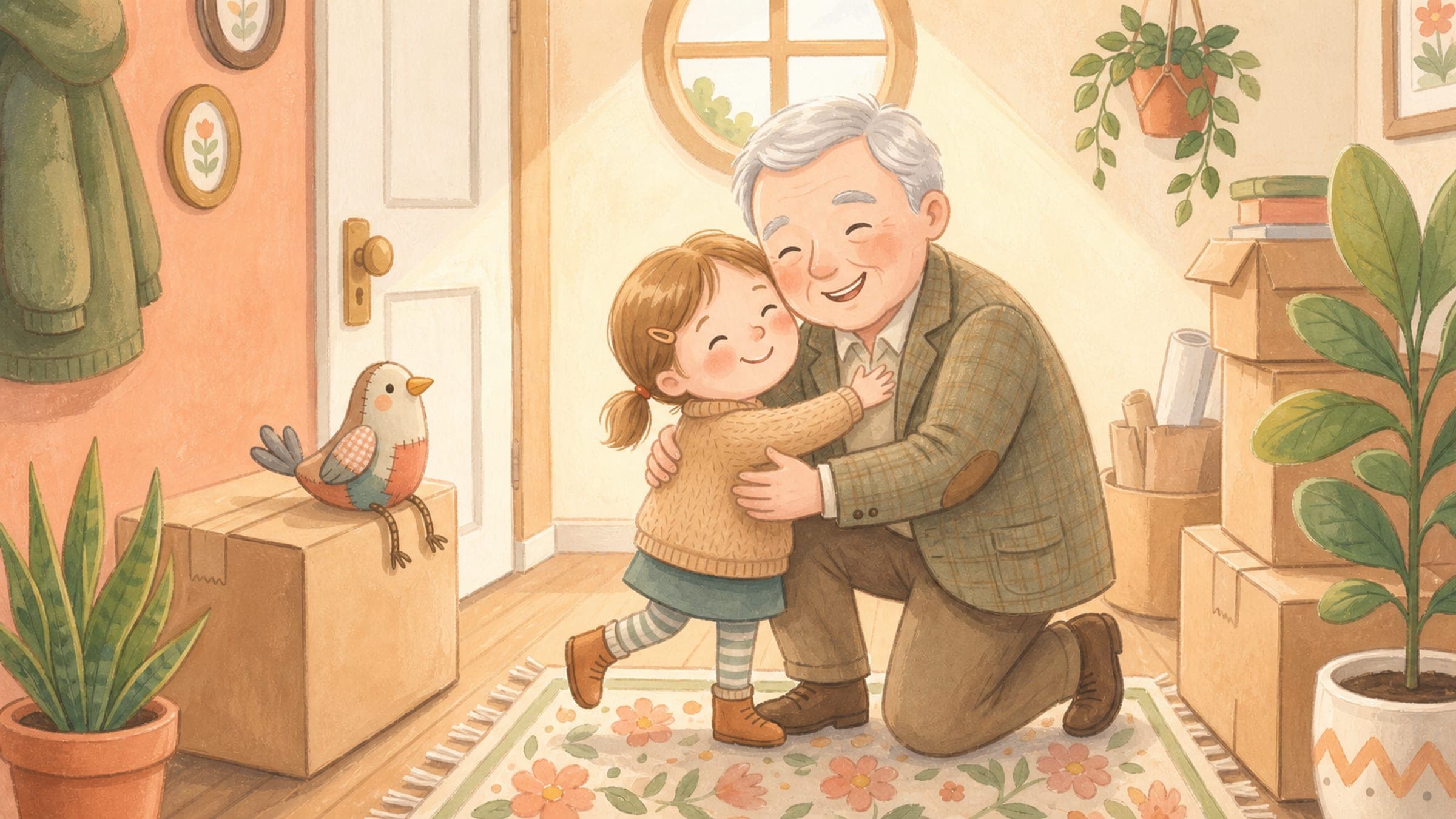 A happy girl hugging her grandparent who is moving in, beside moving boxes and a stuffed bird, in a warm storybook illustration