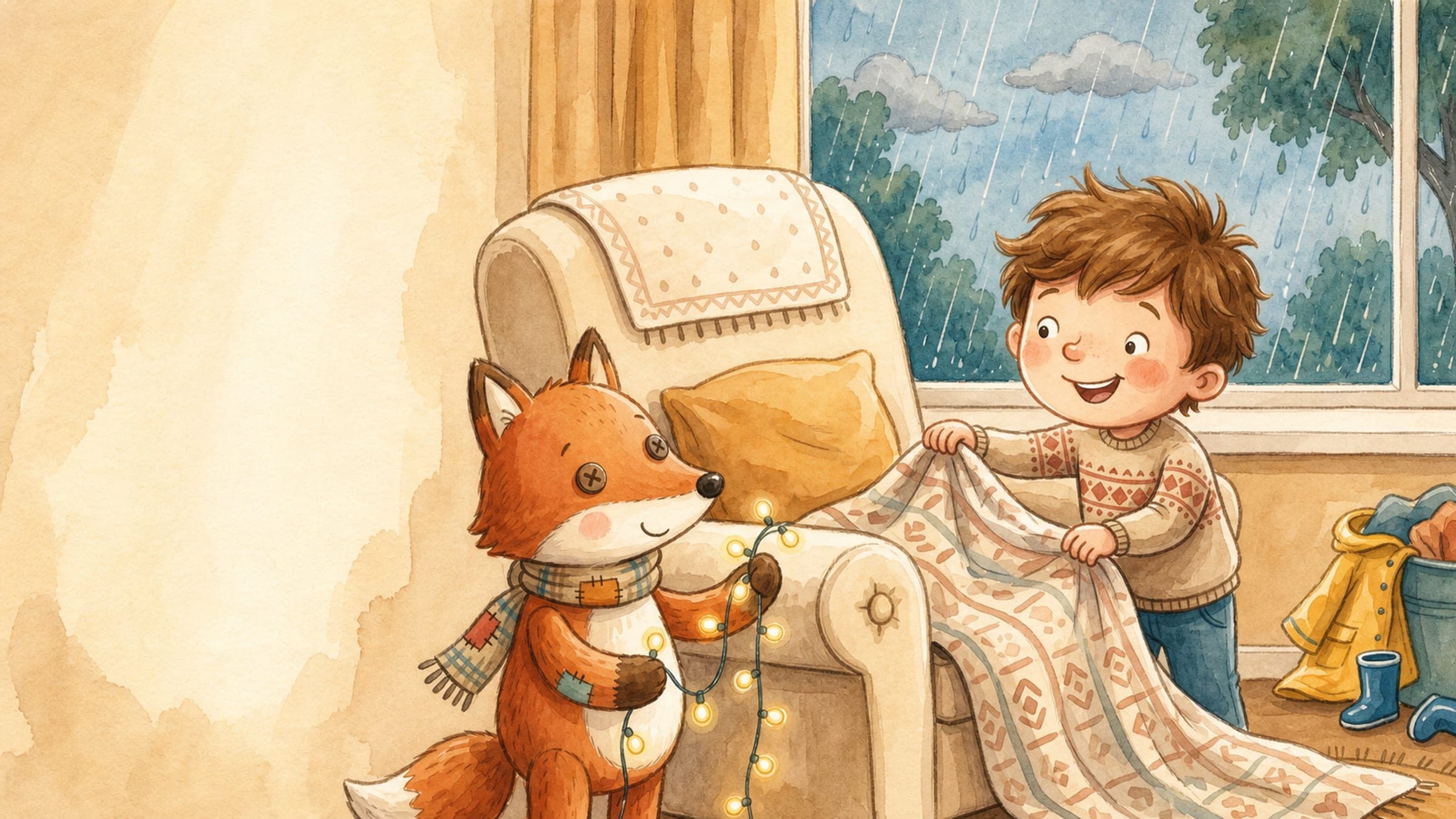 A boy building a cozy indoor pillow fort as a happy backup after a rained-out plan, with a stuffed fox, in a warm storybook illustration