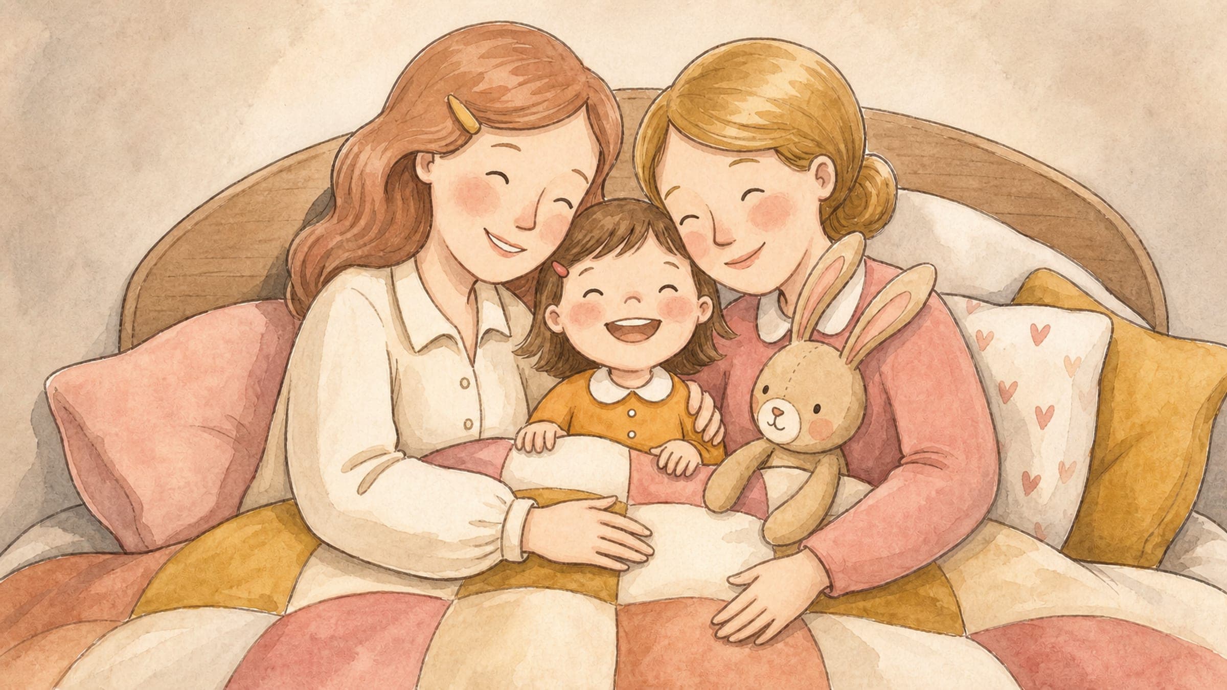 A happy girl joyfully embraced by her two loving moms in a warm family snuggle with a stuffed rabbit, in a warm storybook illustration