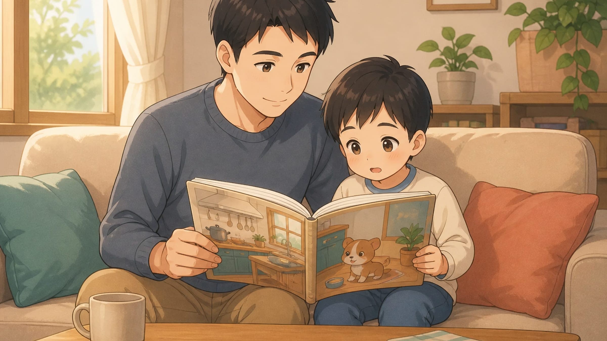 An East Asian father and preschooler look at an illustrated picture book together on a sofa