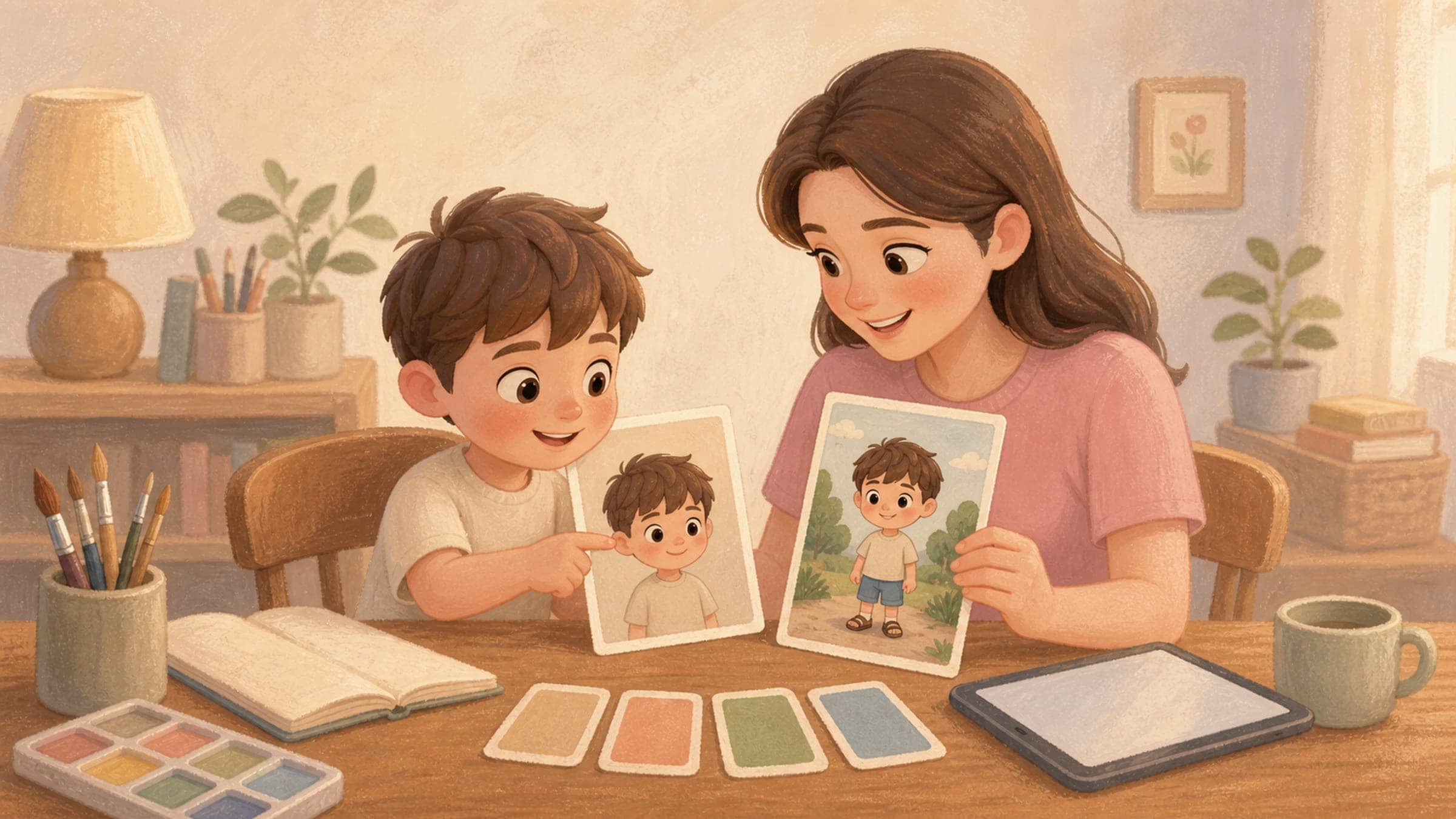 A child represented consistently as an illustrated storybook character
