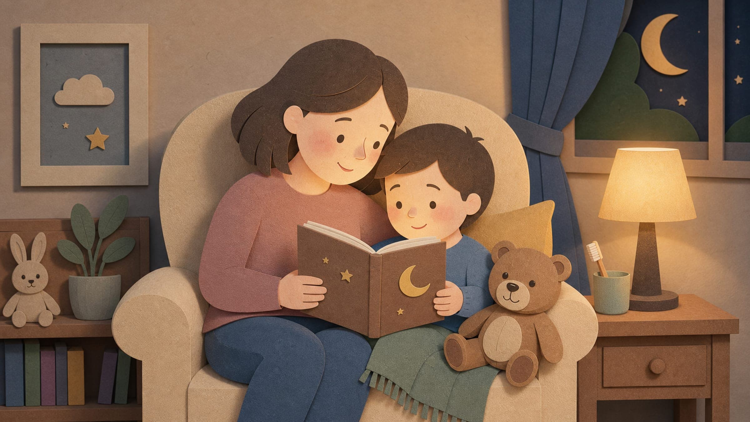 A calm illustrated bedtime scene for a family storytelling routine