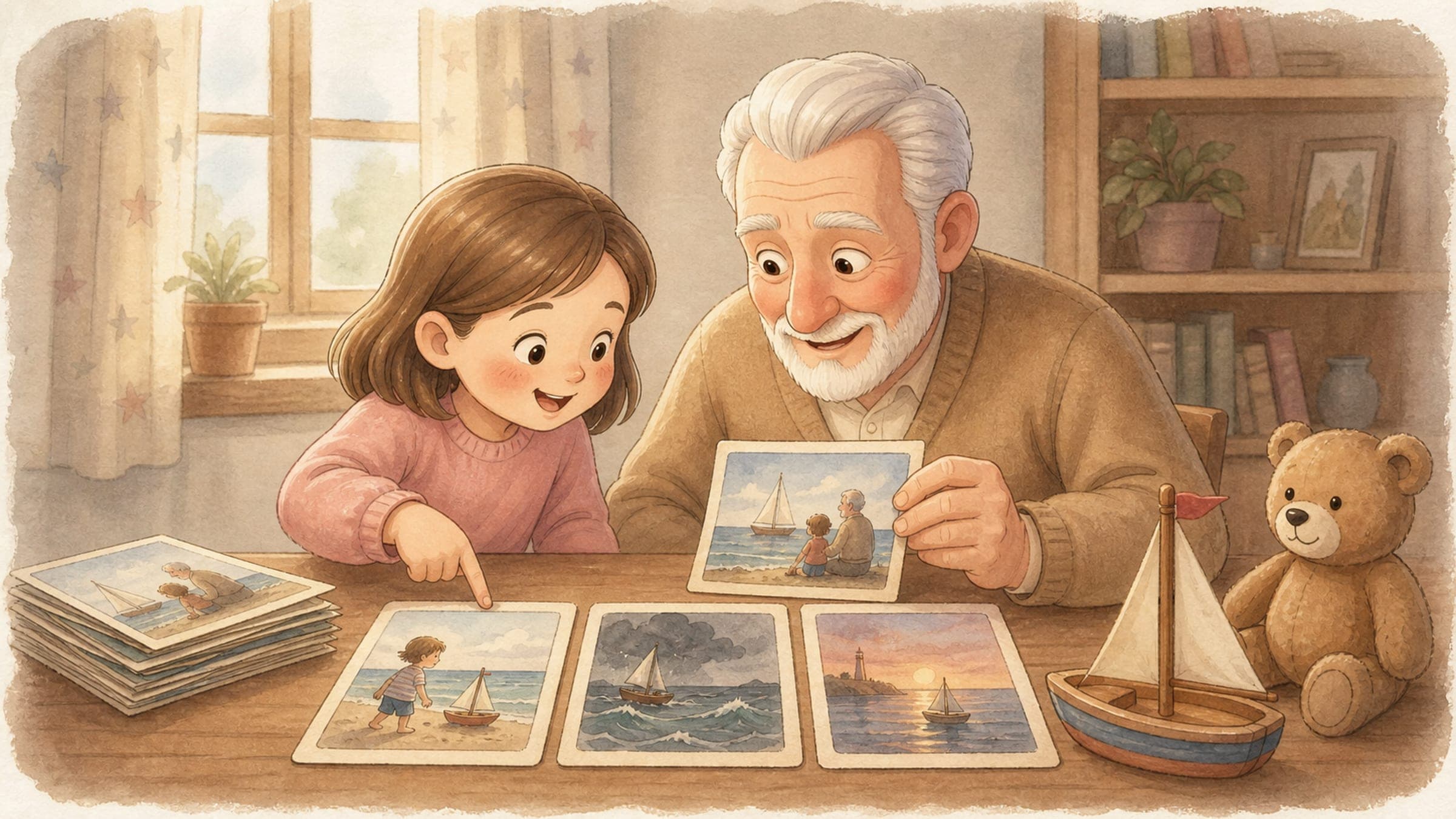A warm illustrated family adventure scene created in a storybook style