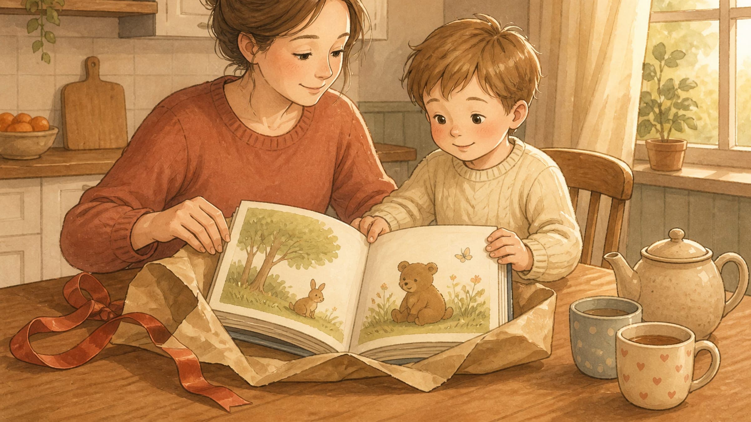 A White mother and preschooler open an illustrated picture book on wrapping paper at a kitchen table