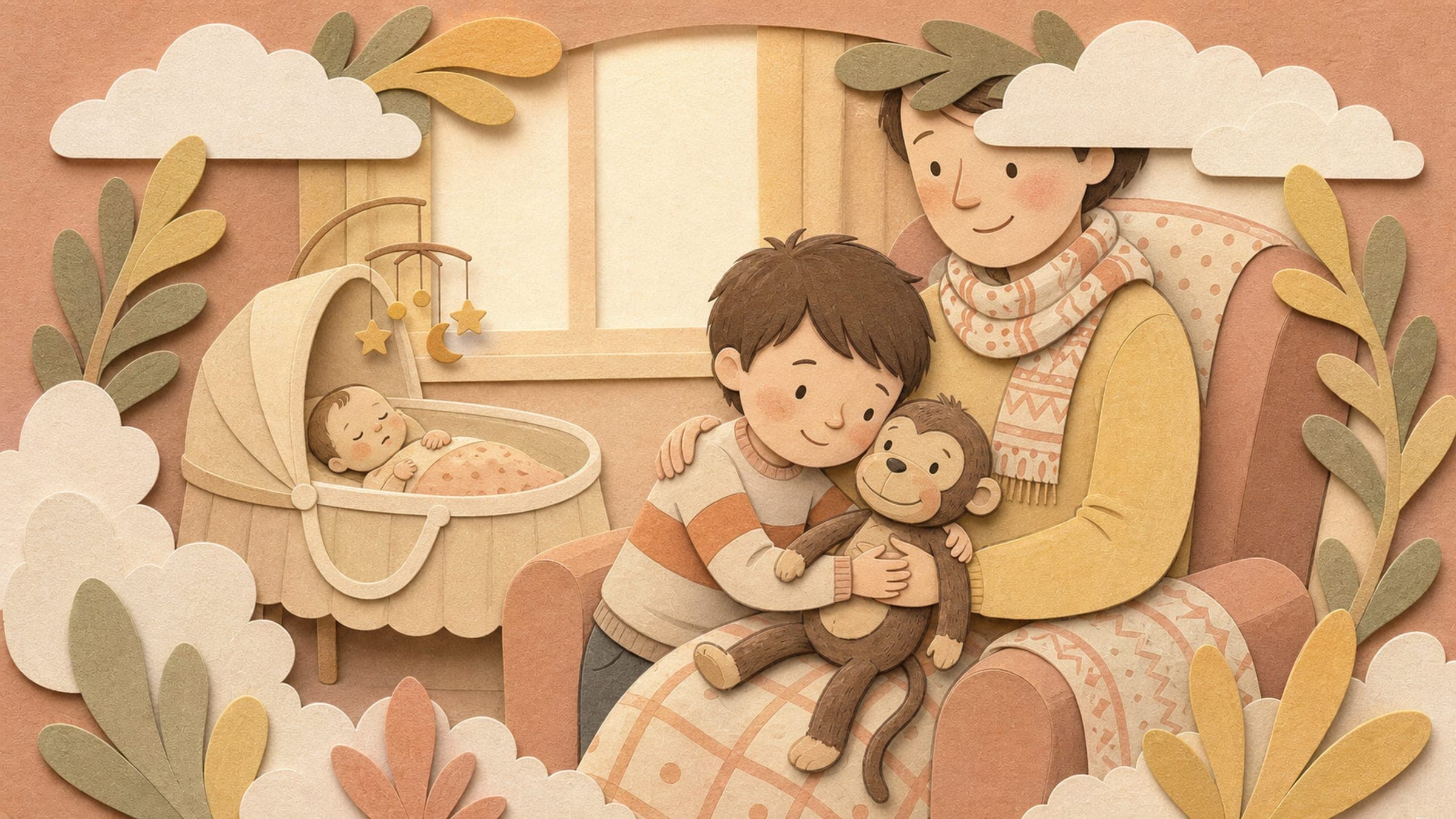 An older brother enjoying special one-on-one time with a parent while a new baby rests nearby, with a stuffed monkey, in a warm storybook illustration