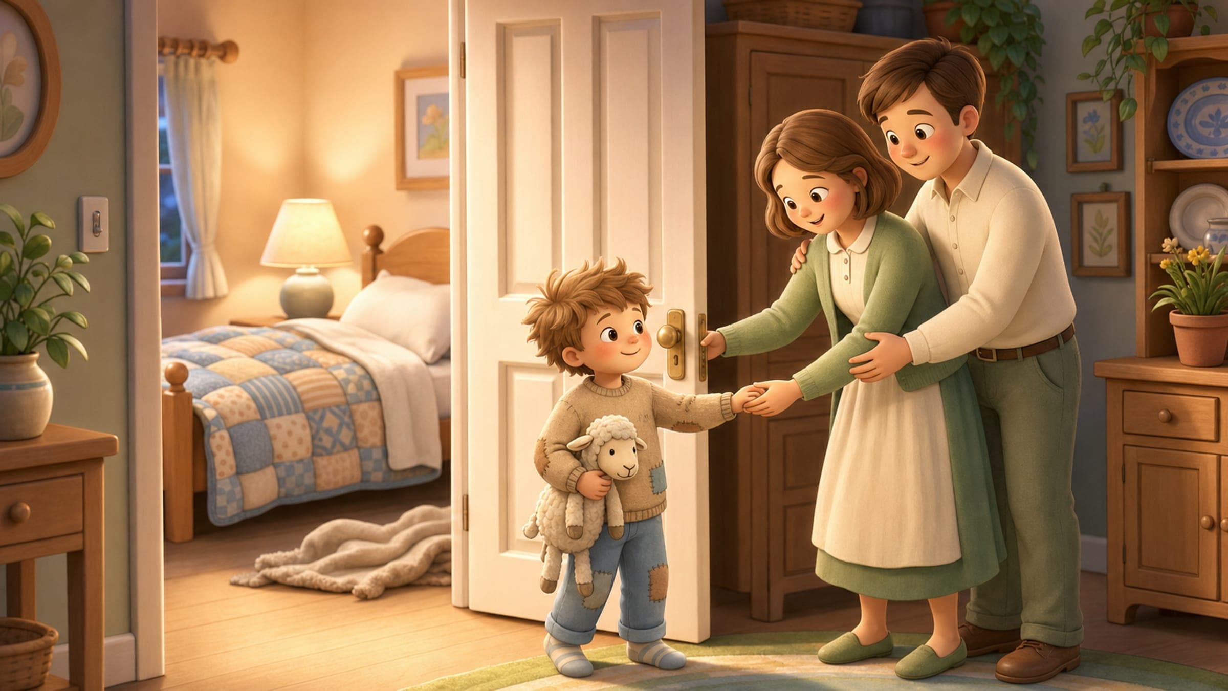 A boy being warmly welcomed into a cozy home by a caring foster family with a stuffed lamb, in a gentle storybook illustration