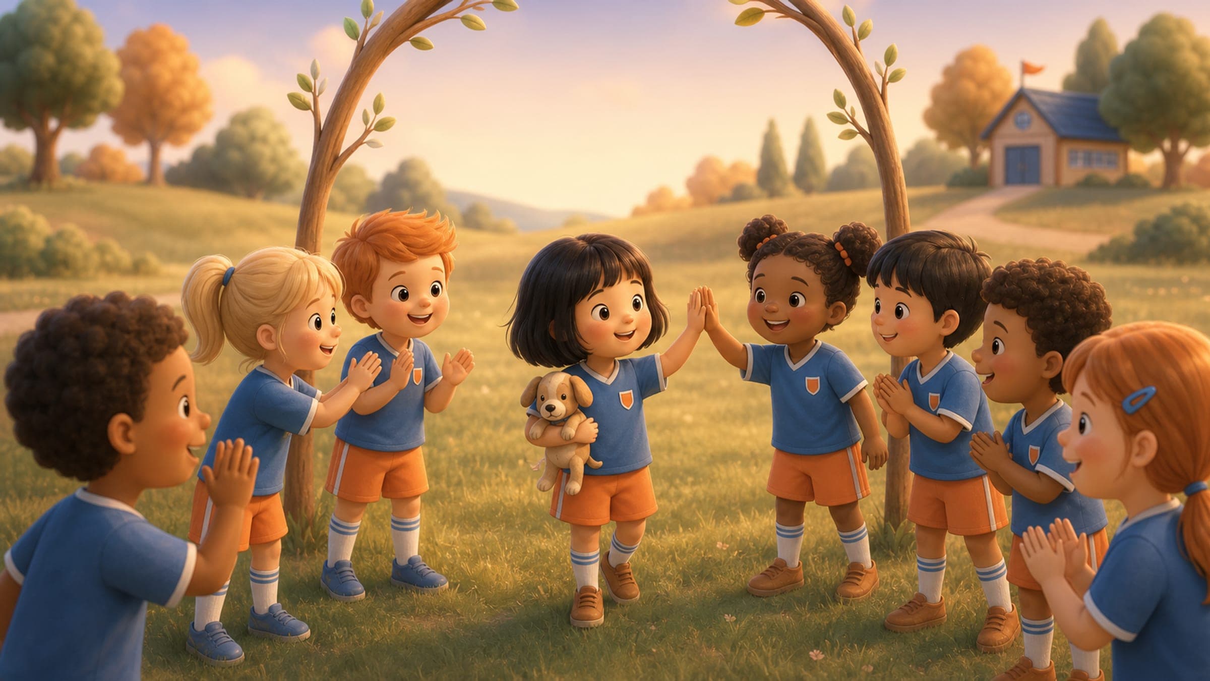 A brave girl in a sports uniform joining a new team as teammates welcome her, holding a stuffed dog, in a warm storybook illustration