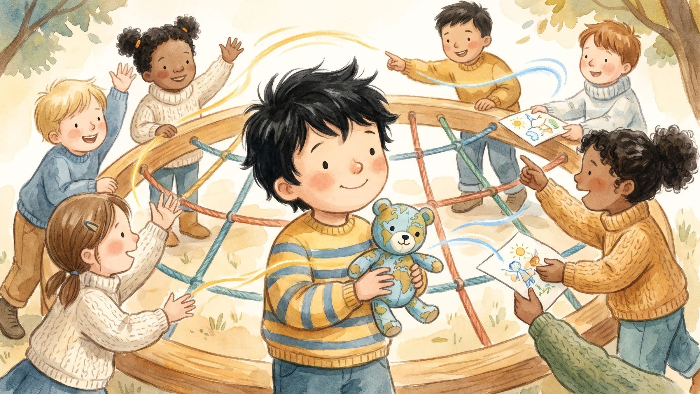A boy happily connecting with friendly classmates across a language gap with a globe-patterned stuffed bear, in a warm storybook illustration