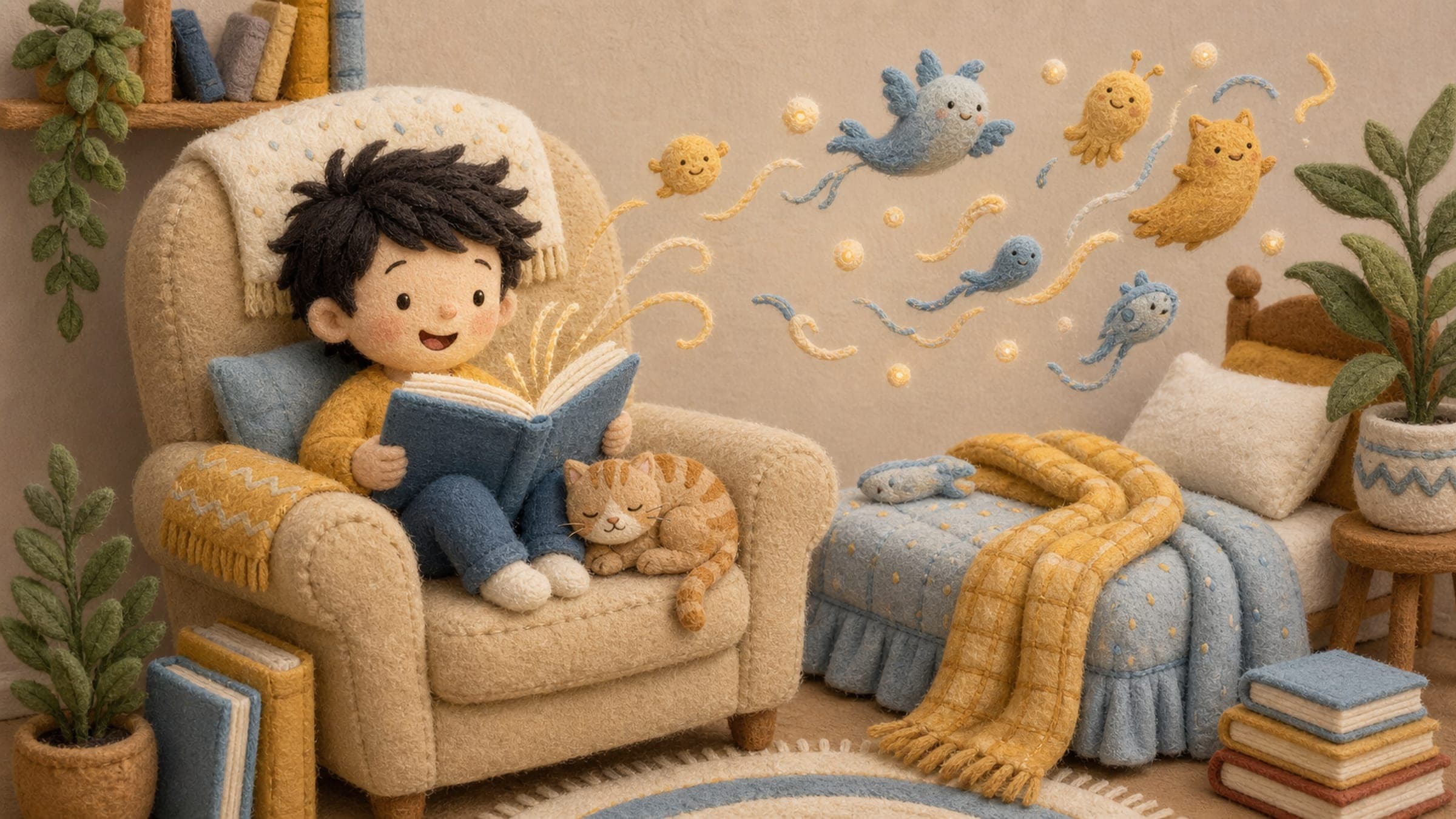 A delighted boy reading a picture book with gently glowing letters and a stuffed cat, in a warm storybook illustration