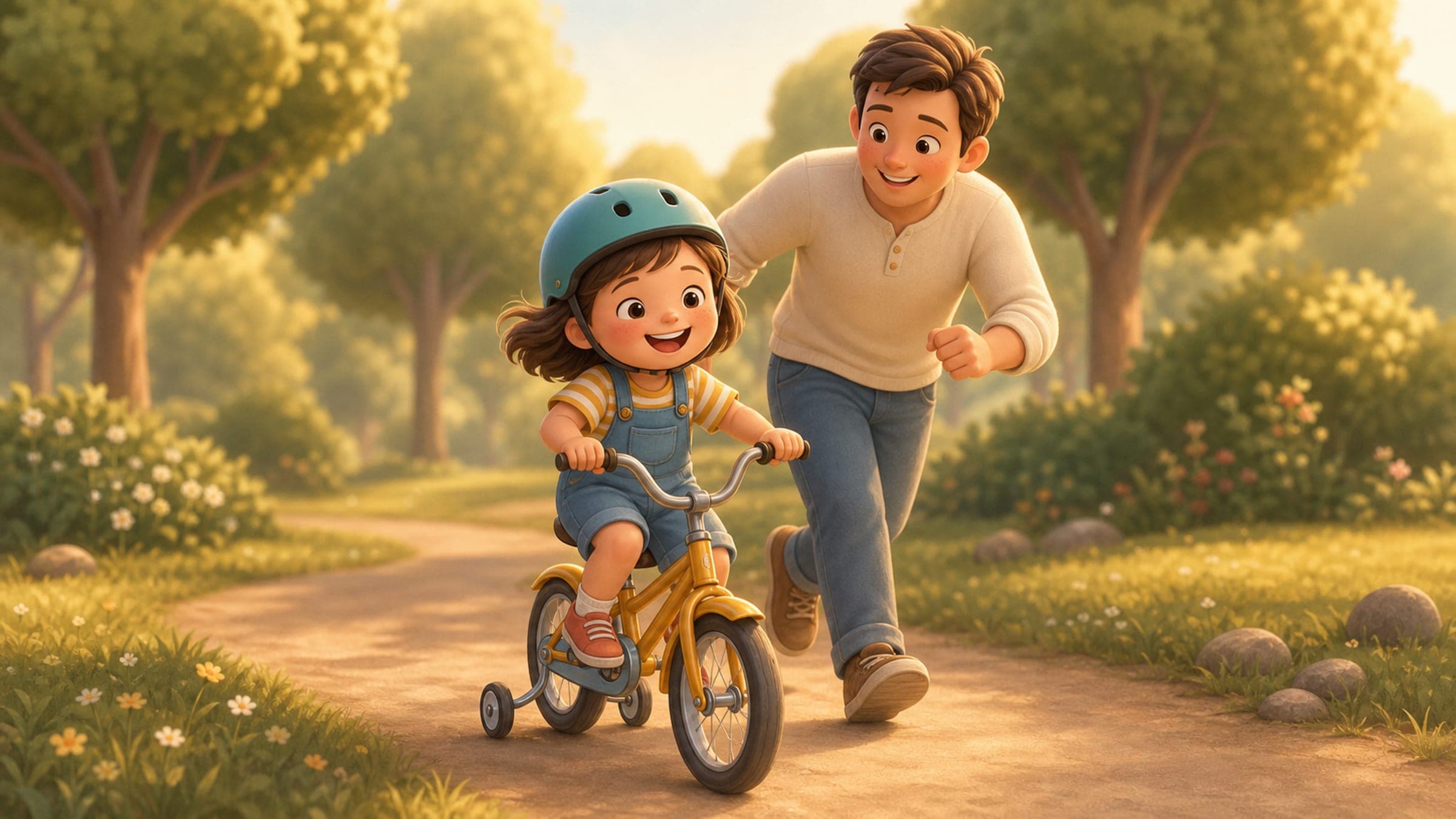 A triumphant girl riding a bike with training wheels off for the first time as a parent cheers, with a stuffed dog, in a warm storybook illustration