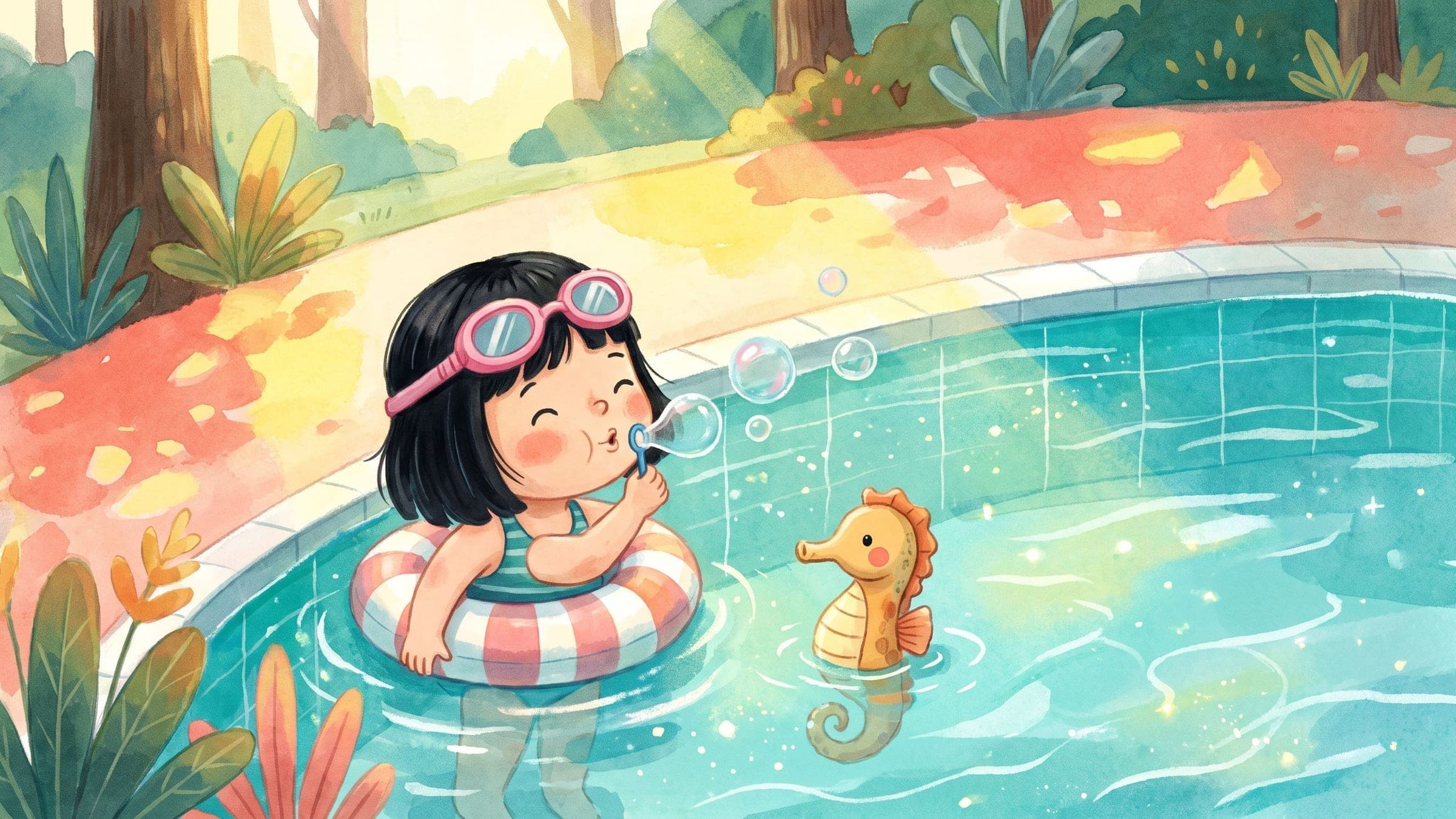 A joyful girl putting her face in the water at a sunny pool with a stuffed seahorse, in a warm storybook illustration