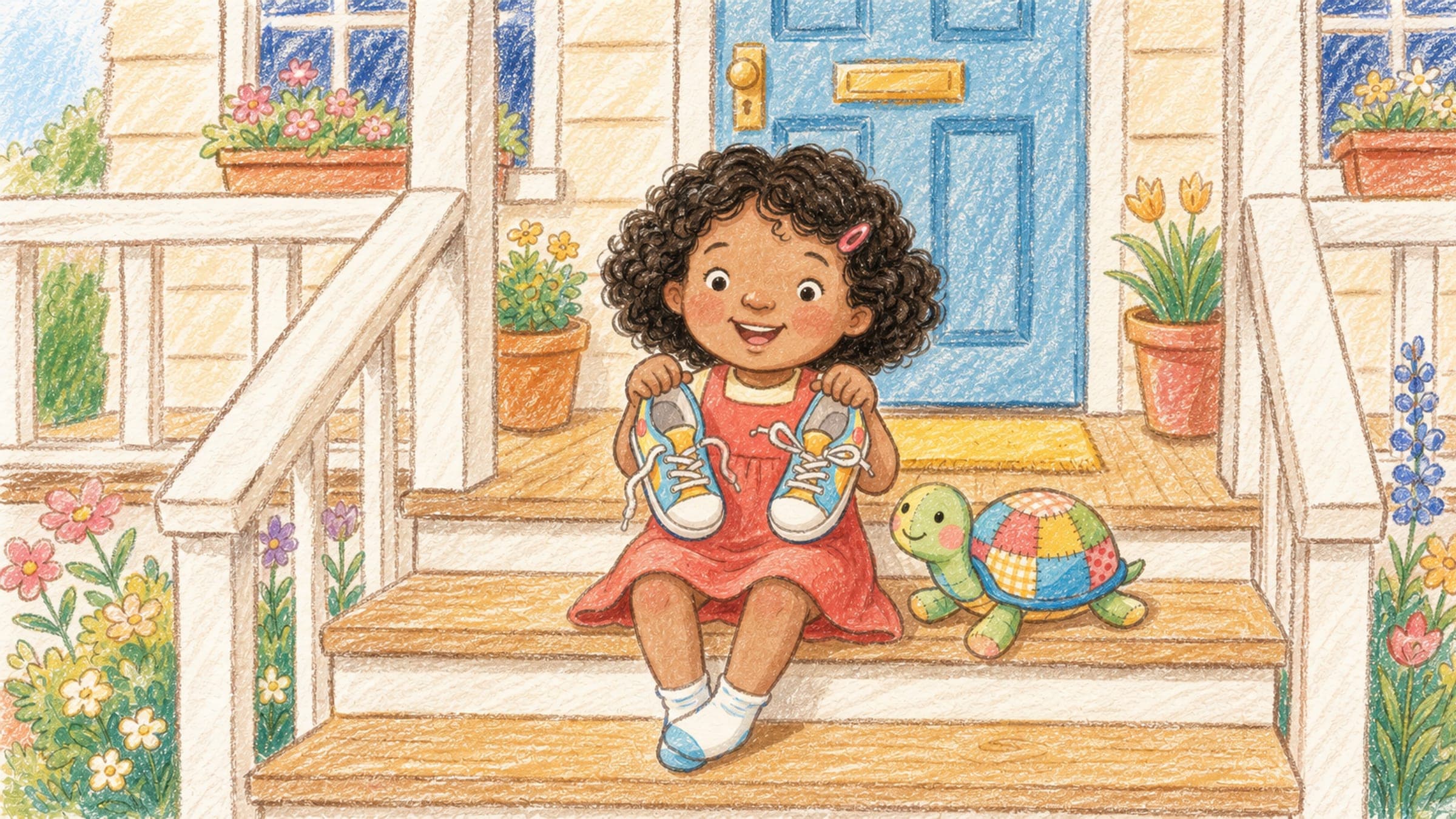 A proud girl showing off her own tied shoelaces on the front steps with a stuffed turtle, in a warm storybook illustration