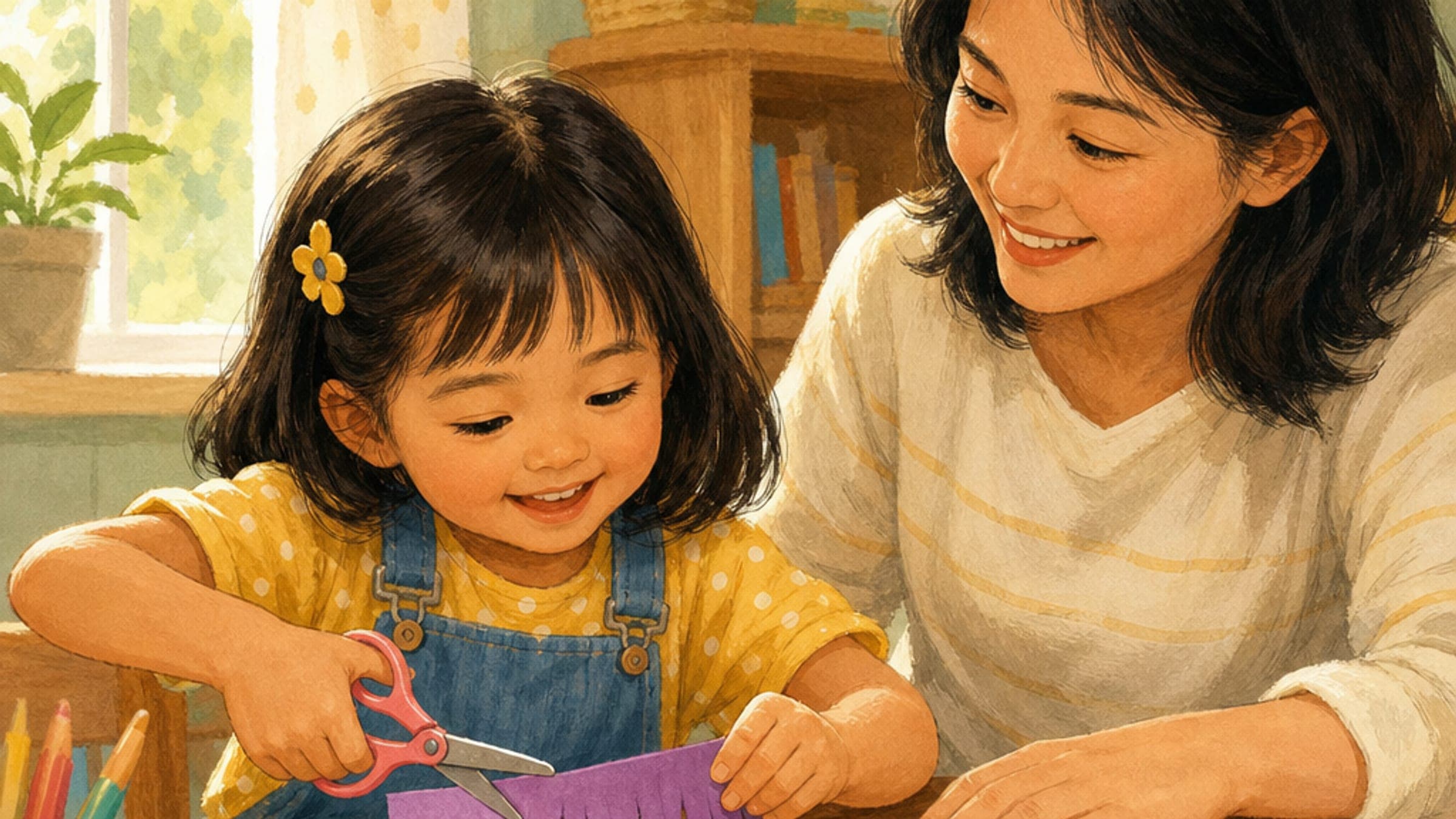 A preschooler at a craft table carefully snipping paper with blunt-tip training scissors while a parent watches close by