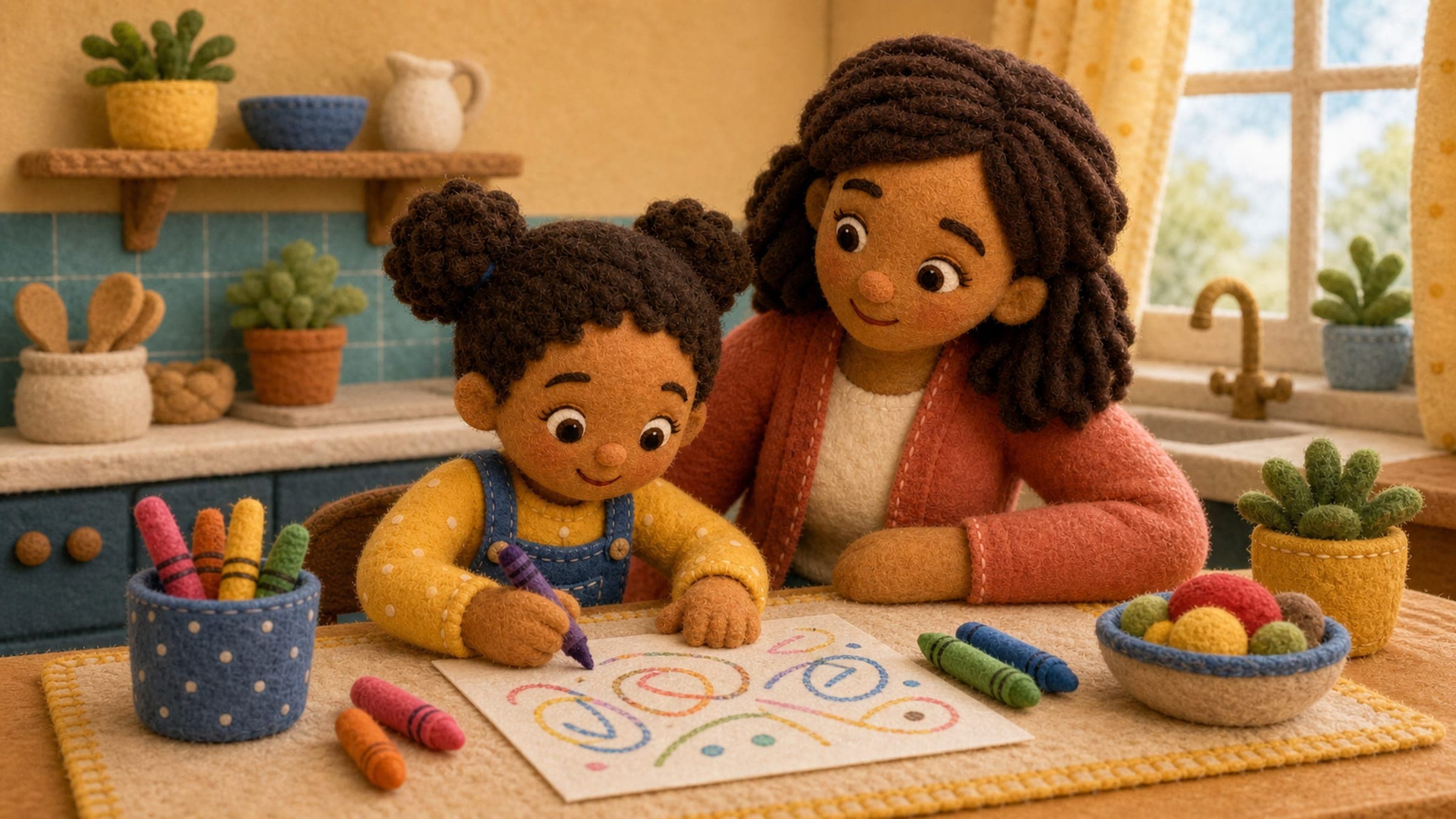 A young child makes colorful crayon loops on paper while a caregiver encourages her at a cozy kitchen table