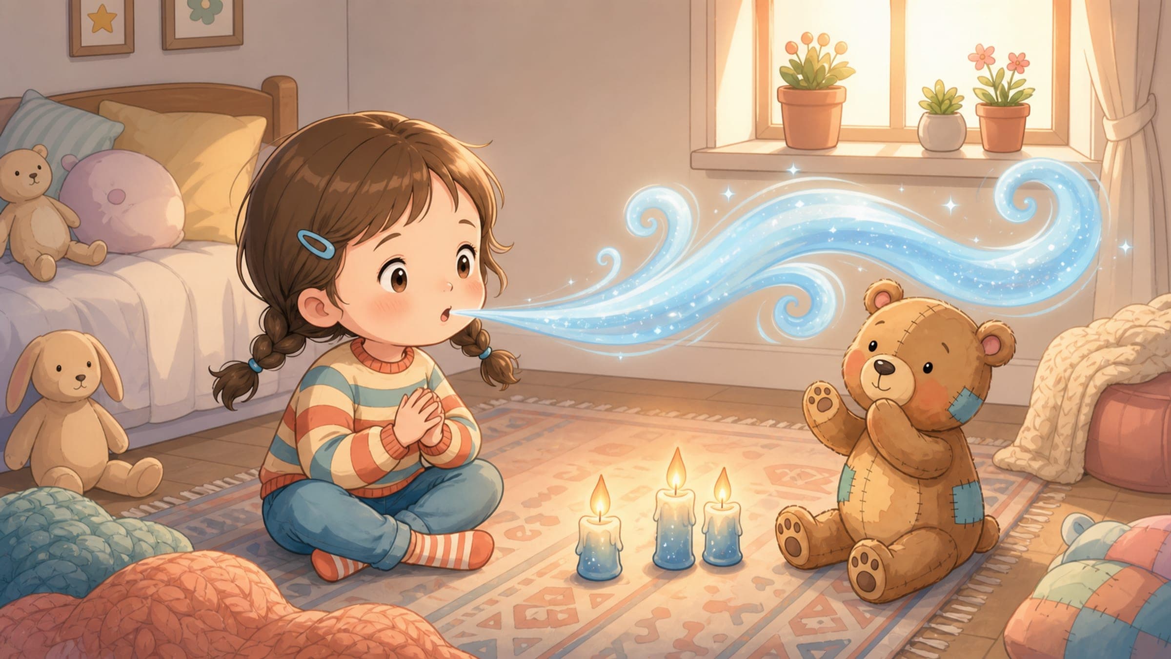 A girl calming her anger with a slow candle-blowing breath alongside a stuffed bear, in a warm storybook illustration