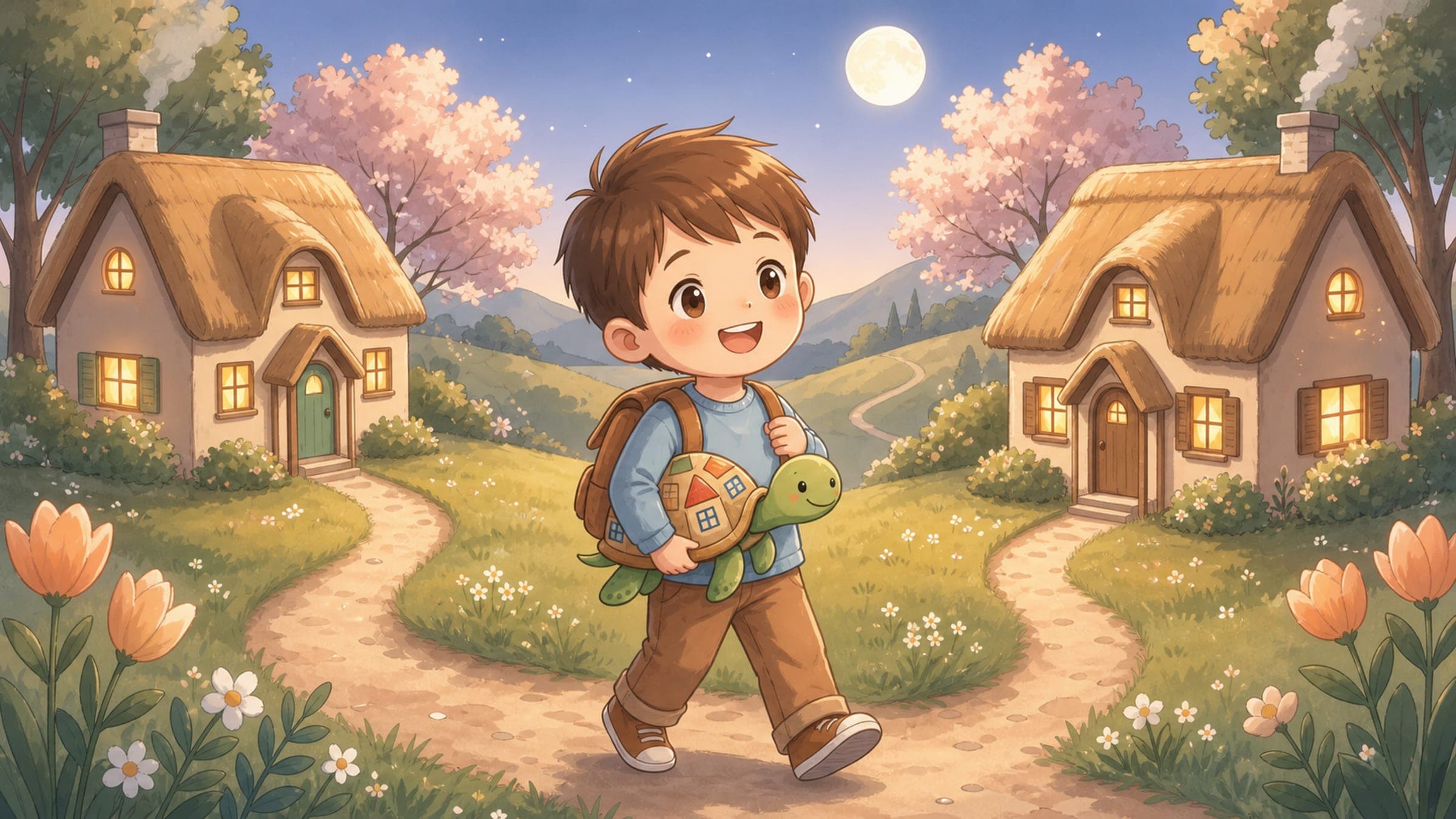 A cheerful boy with a backpack walking between two cozy welcoming homes holding a stuffed turtle, in a warm storybook illustration