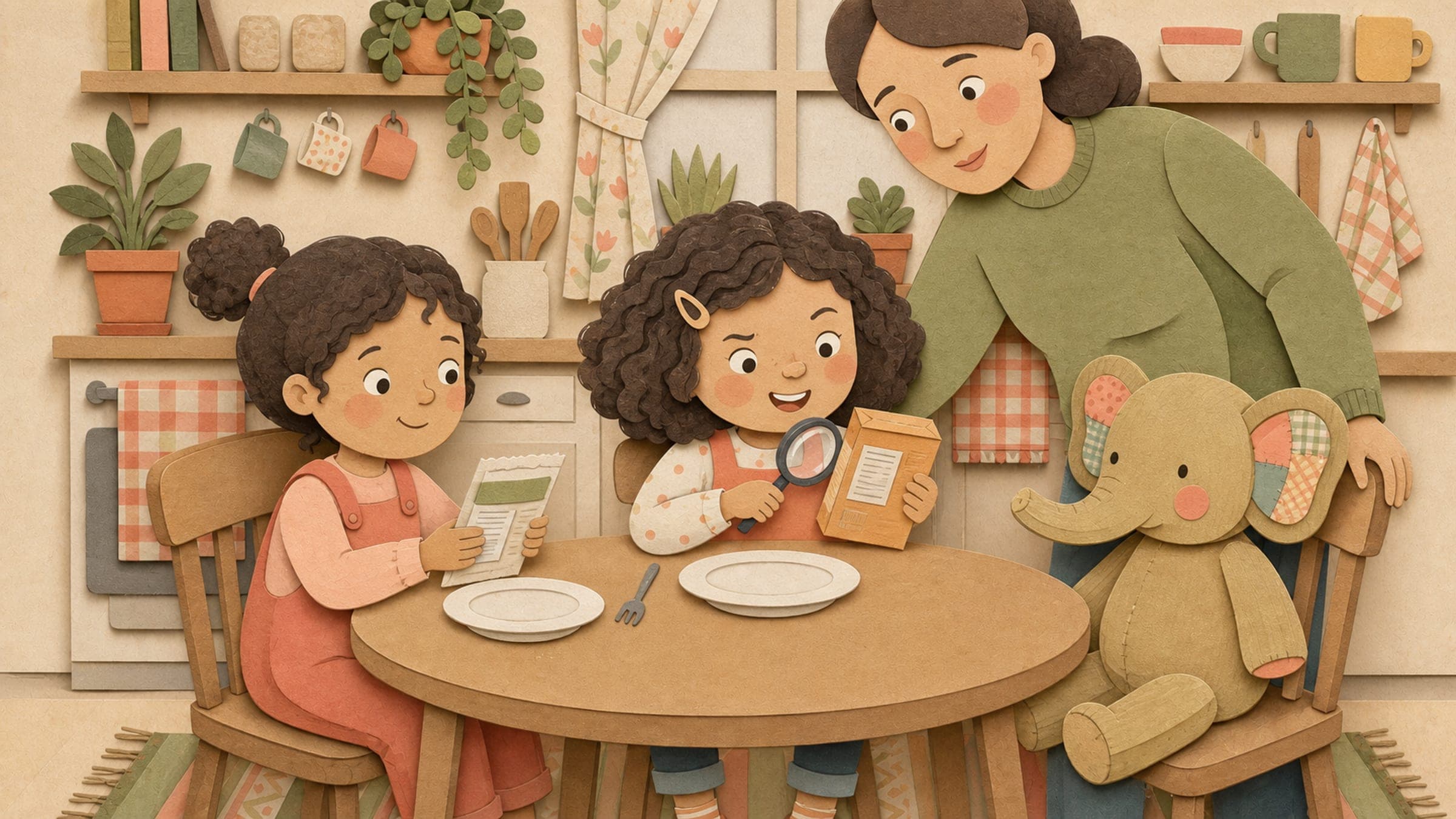 A confident girl checking a food label with a caring parent and a stuffed elephant, in a warm storybook illustration