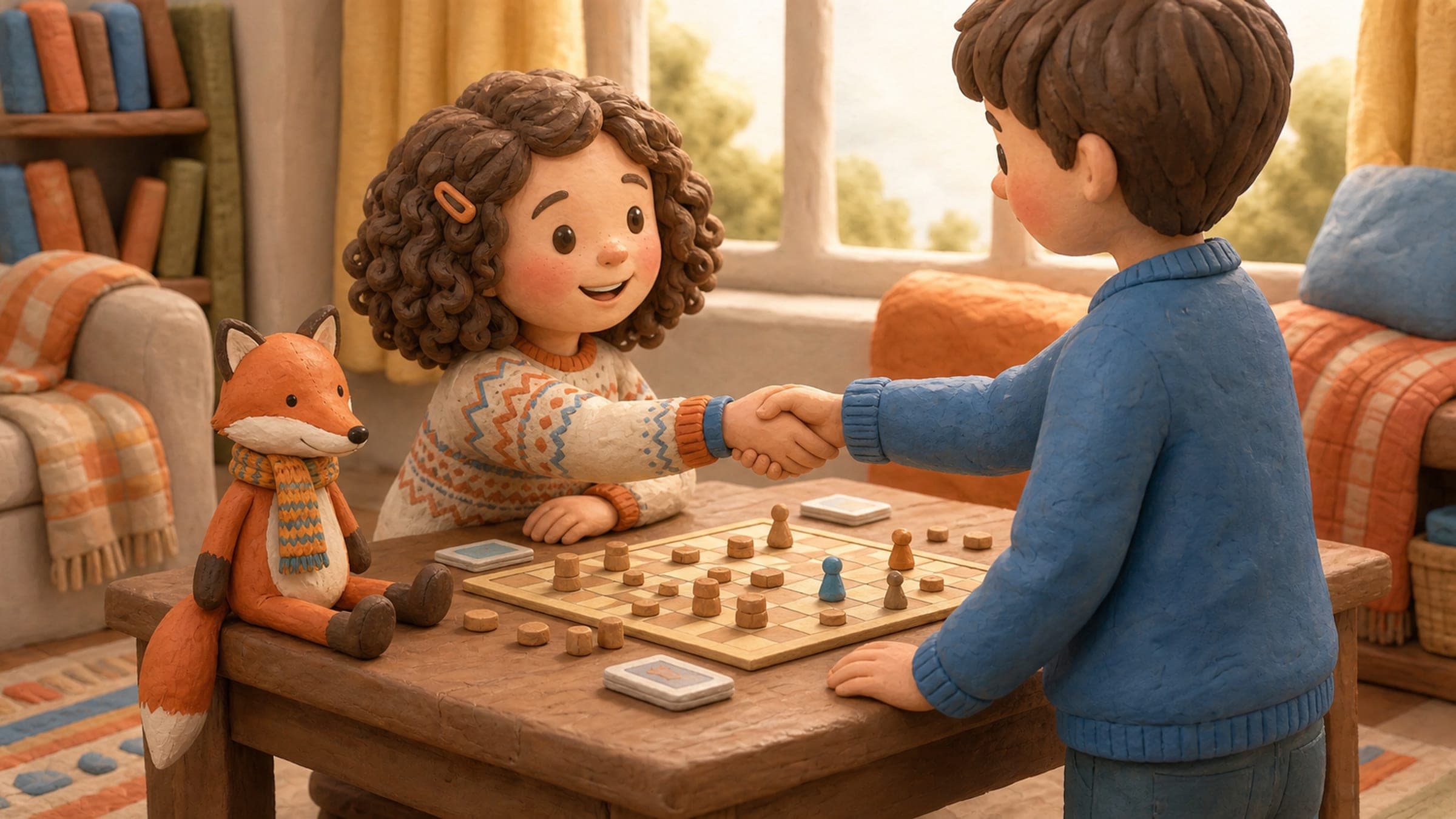 A girl smiling and shaking hands like a good sport after losing a board game, with a stuffed fox, in a warm storybook illustration
